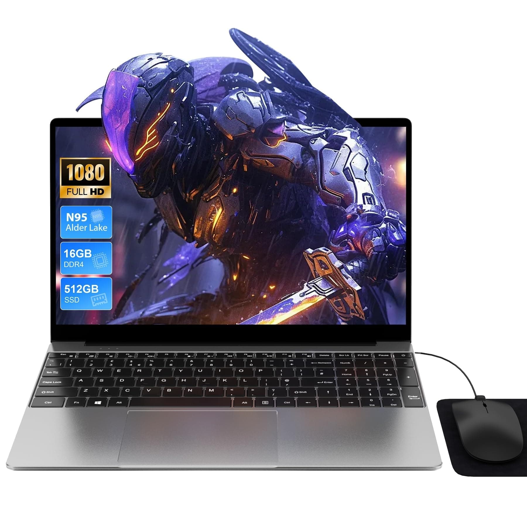 Laptop 15,6 Zoll, 16 GB RAM 512 GB SSD, N95-CPU (bis zu 3,4 GHz), hintergrundbeleuchteter Tastatur-Laptop, Win11 Laptops, Typ-C, 5G WiFi, BT 5.0, Typ-C, HDMI, USB, Maus inkl. Grau