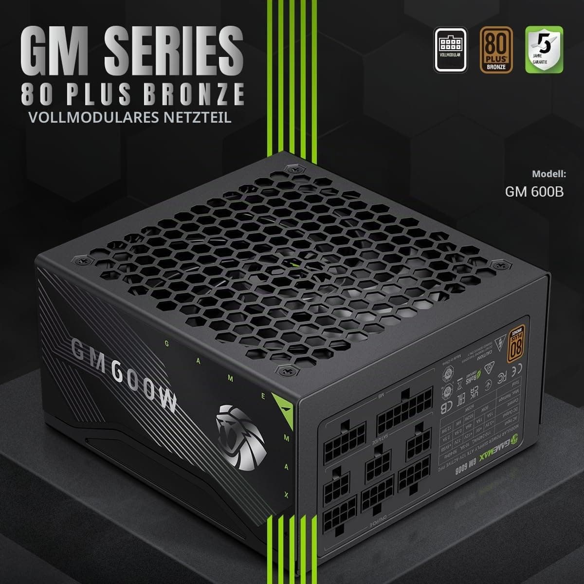 GAMEMAX GM 600B Netzteil PC 600W, Vollmodular, 80Plus Bronze, Active PFC & DC-to-DC, ATX Single 12V Rail, 140mm Lüfter, Hochwertige Kondensatoren, 7 Schutzfunktionen, 3 Jahre Garantie, Schwarz Bild 3