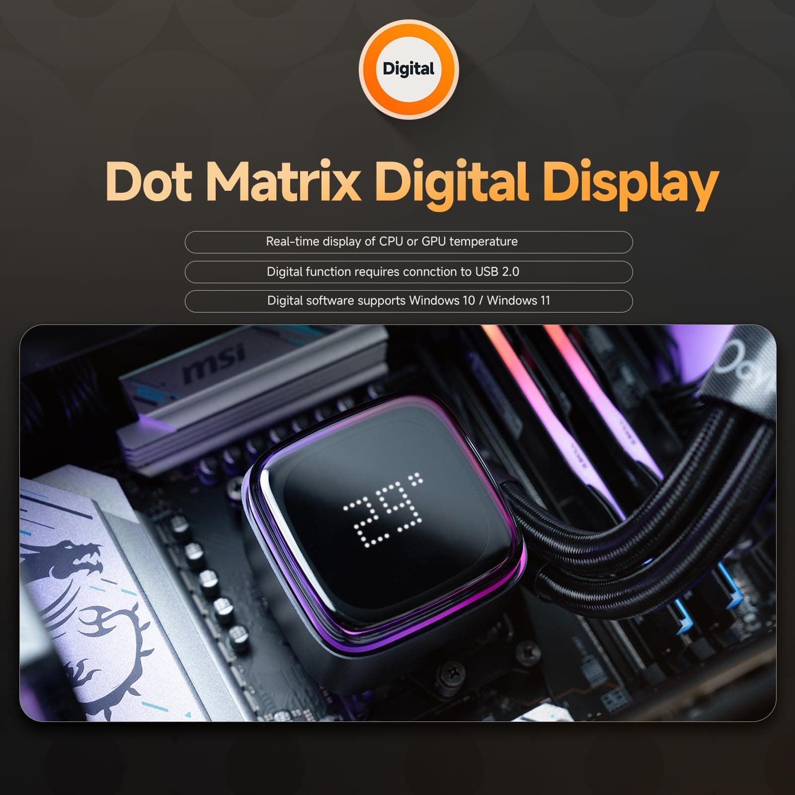 Ocypus Iota L24 BK AIO Wasserkühlung PC mit Digitalem Temperaturdisplay,240mm CPU Kühler, ARGB-Aluminiumpumpe, PWM-Lüfter mit FDB Lagern, 280W TDP,für Intel LGA 115x/1200/1700/1851 & AMD AM4/AM5 Bild 5