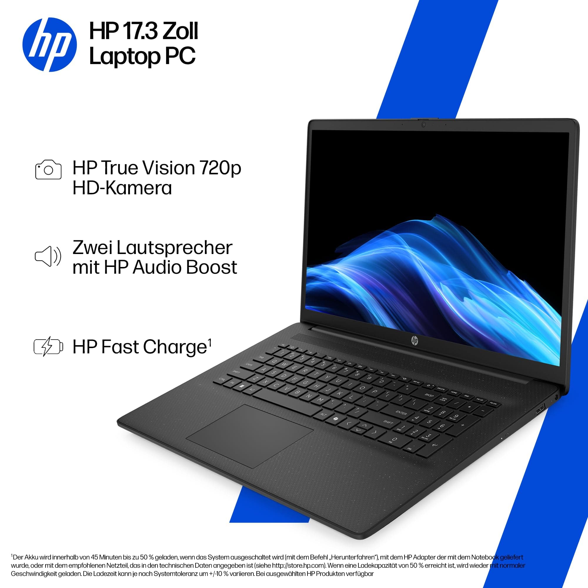 HP Laptop mit 17,3" FHD Display, AMD Ryzen 3 7320U, 8 GB DDR5 RAM, 512 GB SSD, AMD Radeon Grafik, Windows 11, QWERTZ, Schwarz inkl. 25 GB Dropbox-Speicher für 12 Monate AMD Ryzen 3 7320U + 8 GB DDR5 RAM + 512 GB SSD Copilot Keyboard Schwarz Bild 2
