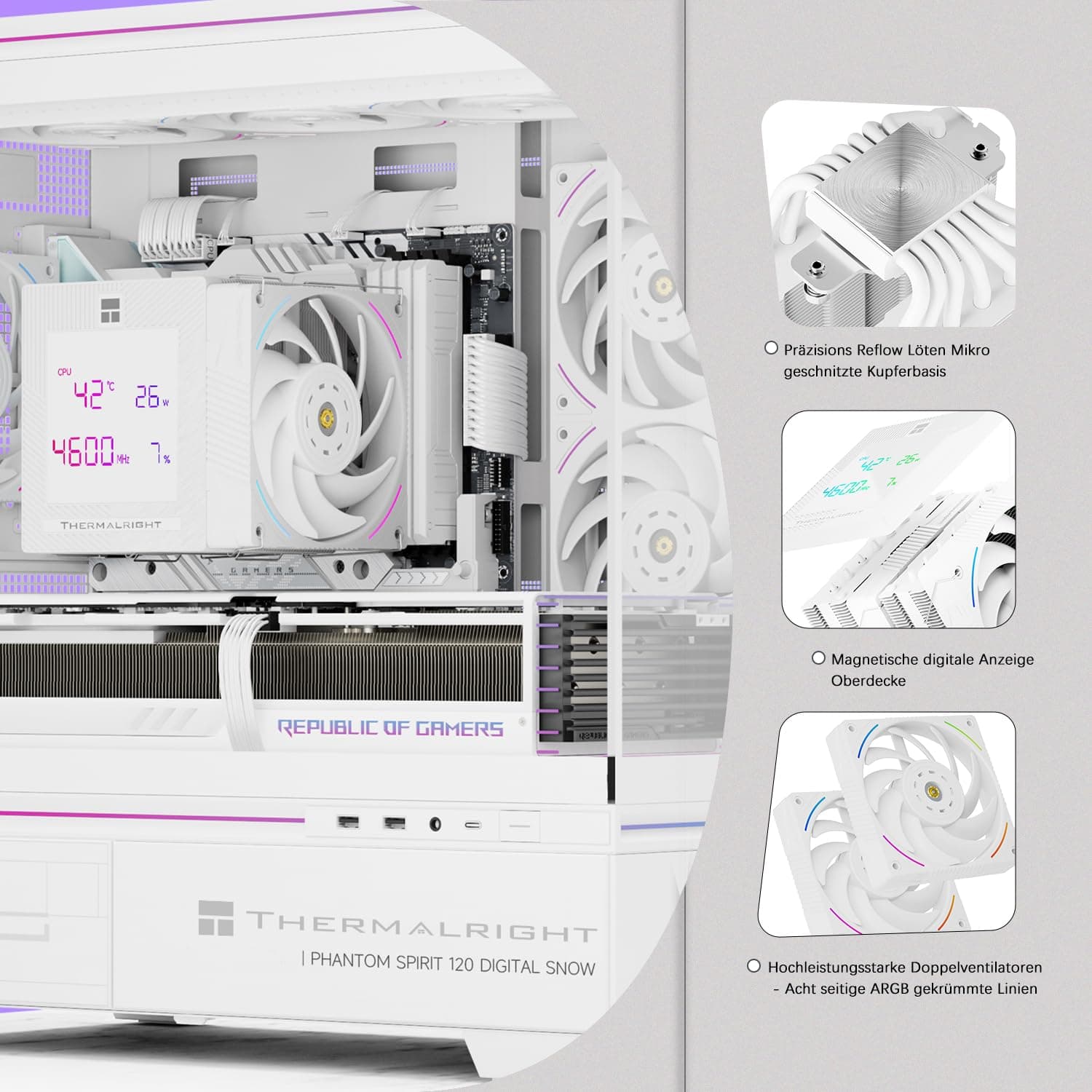 TR-Thermalright Phantom Spirit 120 Digital Snow CPU Kühler,Doppelturm mit 7 Wärmerohren,Dual PWM-Lüfter-2150U/min,Digital Display Board Top Cover, für AM5/AM4, Intel lga1851/1700/115x,Weiß Bild 3