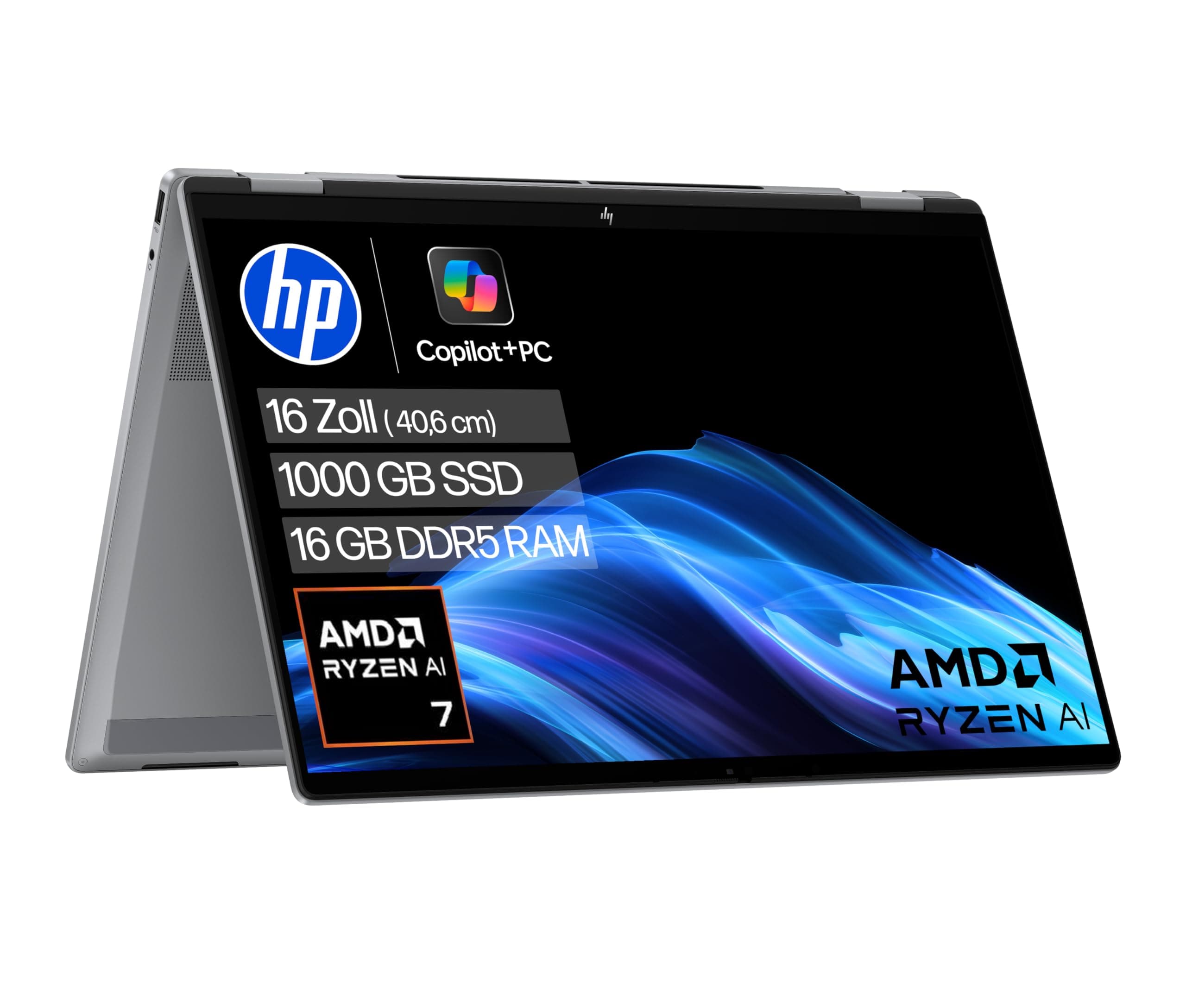 HP OmniBook X Flip 2-in-1 Laptop (16 Zoll 3K Touchscreen, AMD Ryzen AI 7, Copilot+, 16GB RAM, 1TB, Win11, QWERTZ) - Silber AMD Ryzen AI 7 350 1TB SSD