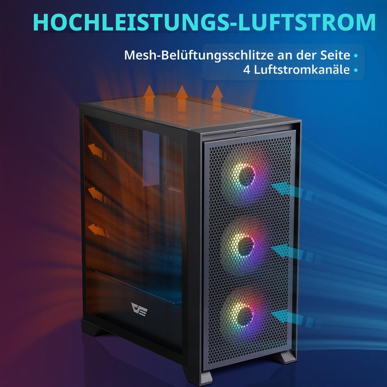 darkFlash ATX Mid-Tower Gaming-PC-Gehäuse, vorinstallierte 3x120mm RGB-Lüfter, abnehmbare große Mesh-Frontblende, USB 3.0-fähig, Seitenwand aus gehärtetem Glas für optimale Belüftung, Schwarz (DRX70) Bild 6