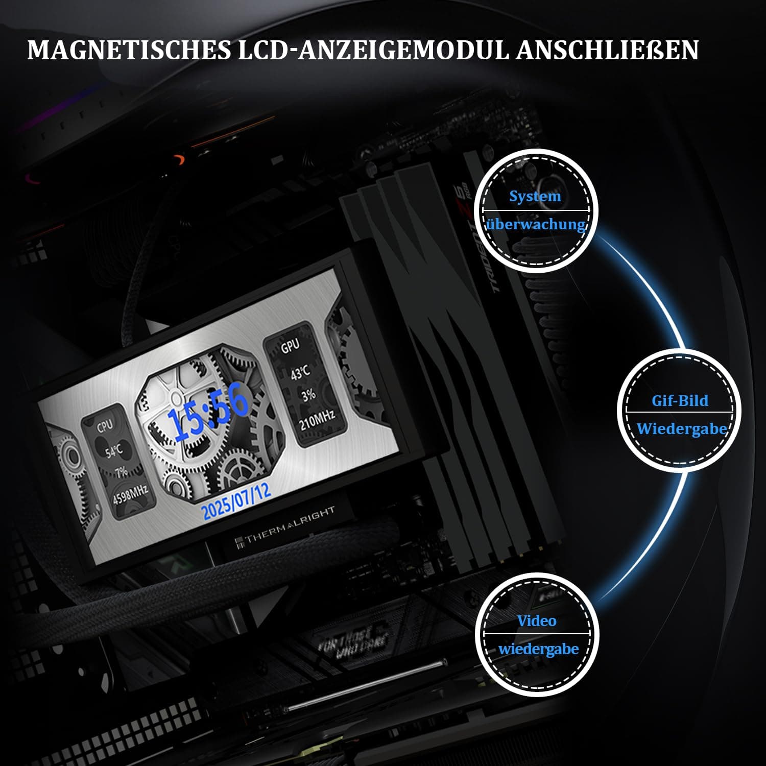 Thermalright Trofeo Vision 360 ARGB Schwarz CPU-Flüssigkeitskühler, für AM4/AM5, Intel LGA1851/1700,6,86-Zoll-Vollfarb-LCD-Display mit 1280x480 Auflösungen,magnetischer Panel-Bildschirm Bild 5