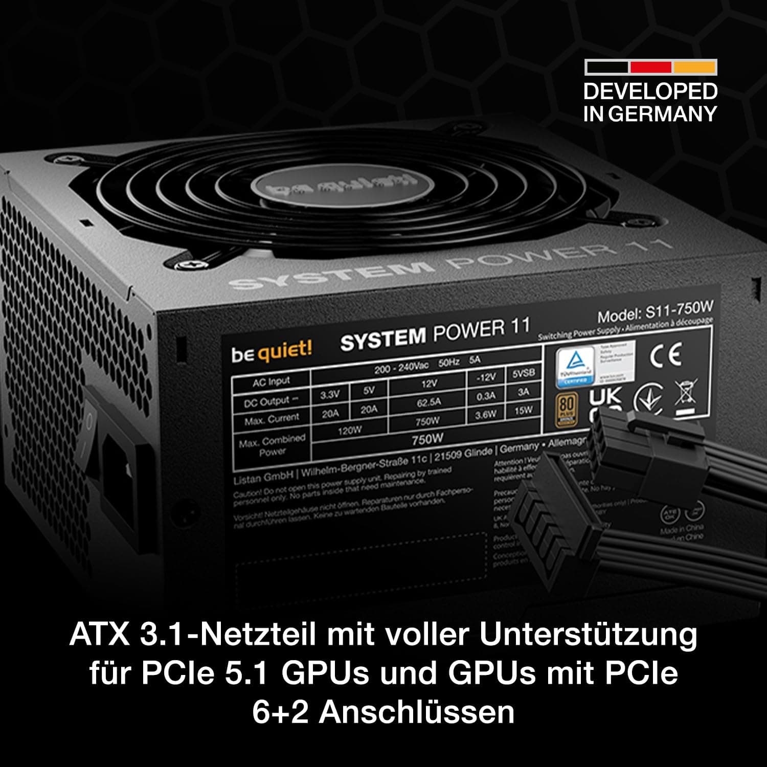 be quiet! System Power 11 750W Netzteil, ATX 3.1-Netzteil, volle Unterstützung für PCIe 5.1 GPUs, 120mm be quiet! Lüfter, Starke 12V-Leitung, DC/DC-Wandler, 80 Plus® Bronze Effizienz Bild 4