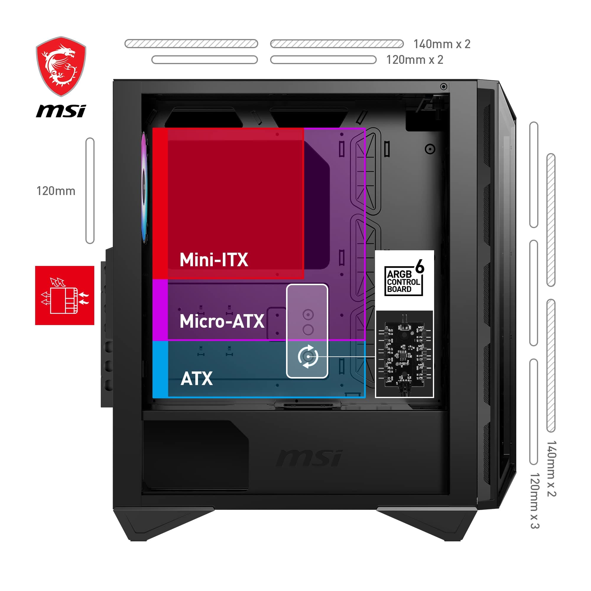 MSI MPG GUNGNIR 110R Mid-Tower PC-Gehäuse - Gehärtetes Glas, unterstützt ATX, M-ATX & Mini-ITX, 4X 120mm ARGB Lüfter mit Hub Controller, magnetischer Staubfilter, USB 3.2 Gen 2x2 Typ-C, Gen 1 Typ-A Bild 7