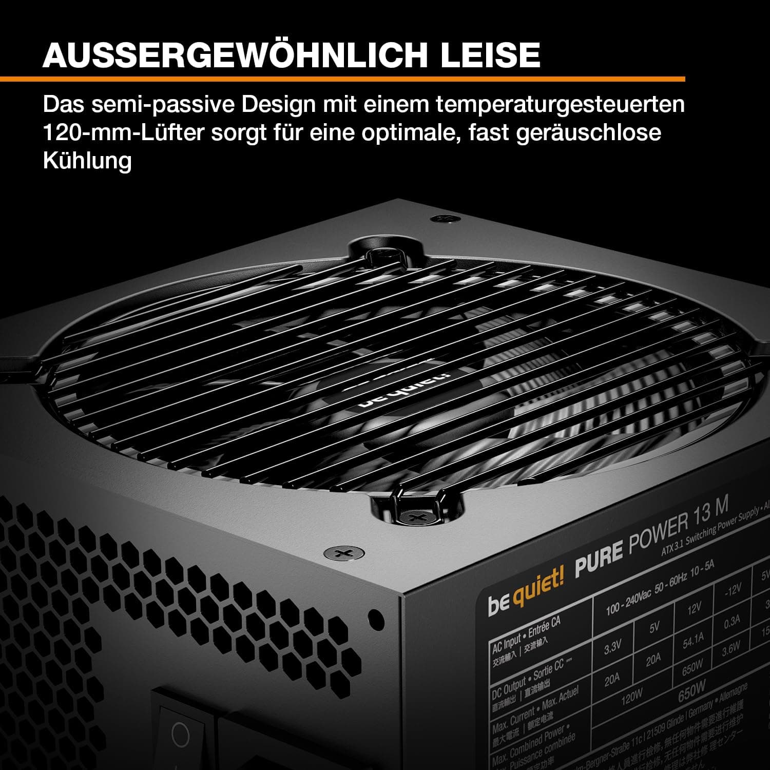be quiet! Pure Power 13 M 650W Netzteil, 80 Plus® Gold Effizienz, ATX 3.1-Netzteil, für PCIe 5.1 GPUs, 120mm be quiet! Lüfter, semi-passiver Betrieb möglich, LLC-Technologie, Single-Rail Bild 3