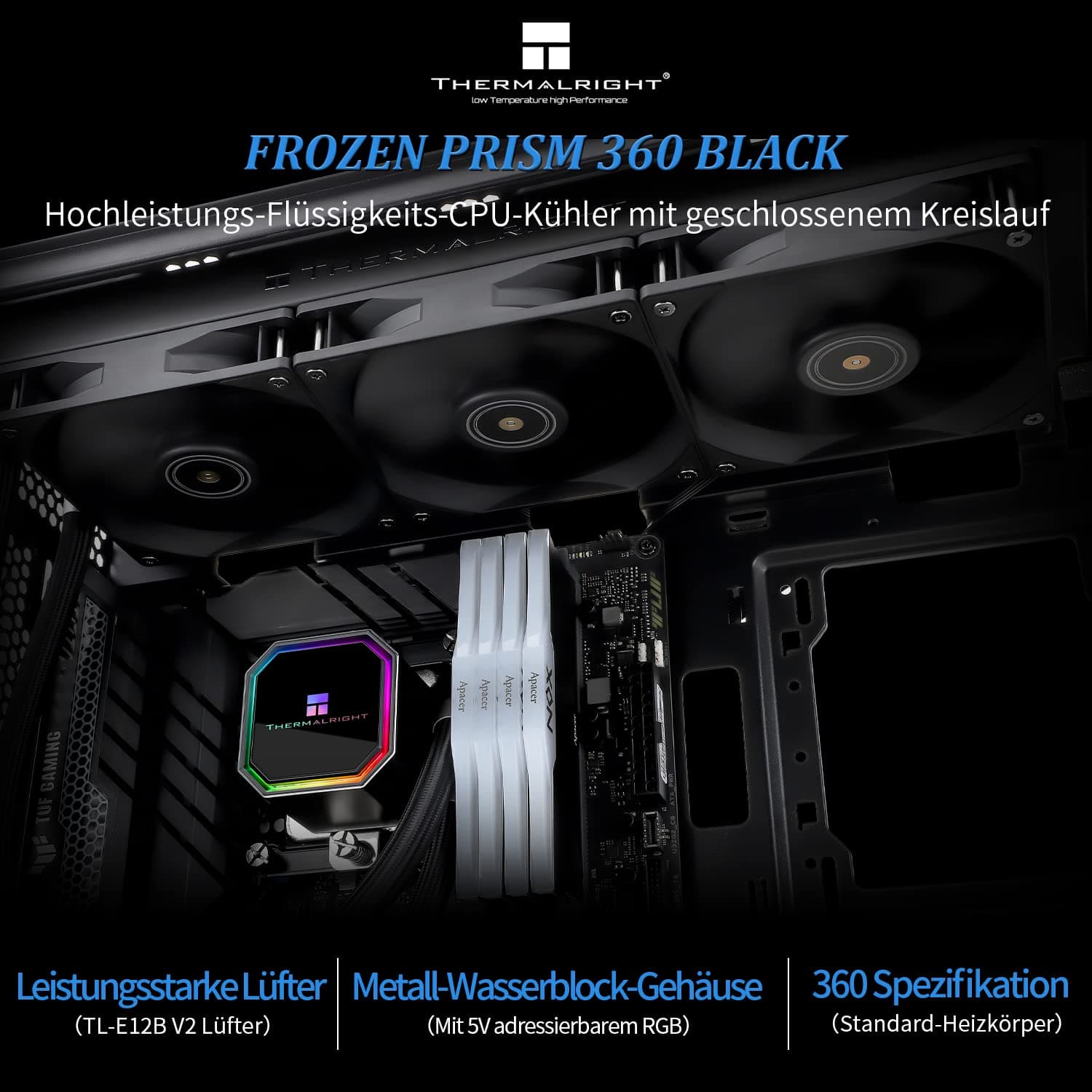 Thermalright Frozen Prism 360 Black AIO Wasserkühler, Flüssig-CPU-Kühler, 3×120mm PWM-Lüfter Wasser-Kühlsystem, 1850RPM High Speed, Kompatibel mit AMD/AM4/AM5&Intel LGA115X/1200/2011/1700/1851 FP360 Black Bild 3