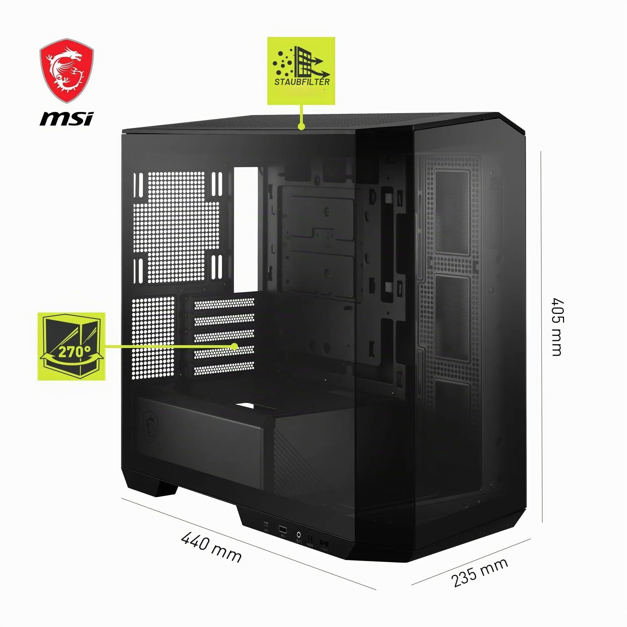 MSI MAG PANO M100L PZ ATX PC-Gehäuse, GPU-Support-Ständer, Füllstandsanzeige, Staubfilter, 33 mm Kabeldurchlass, USB Typ-C (20Gbps) Bild 5