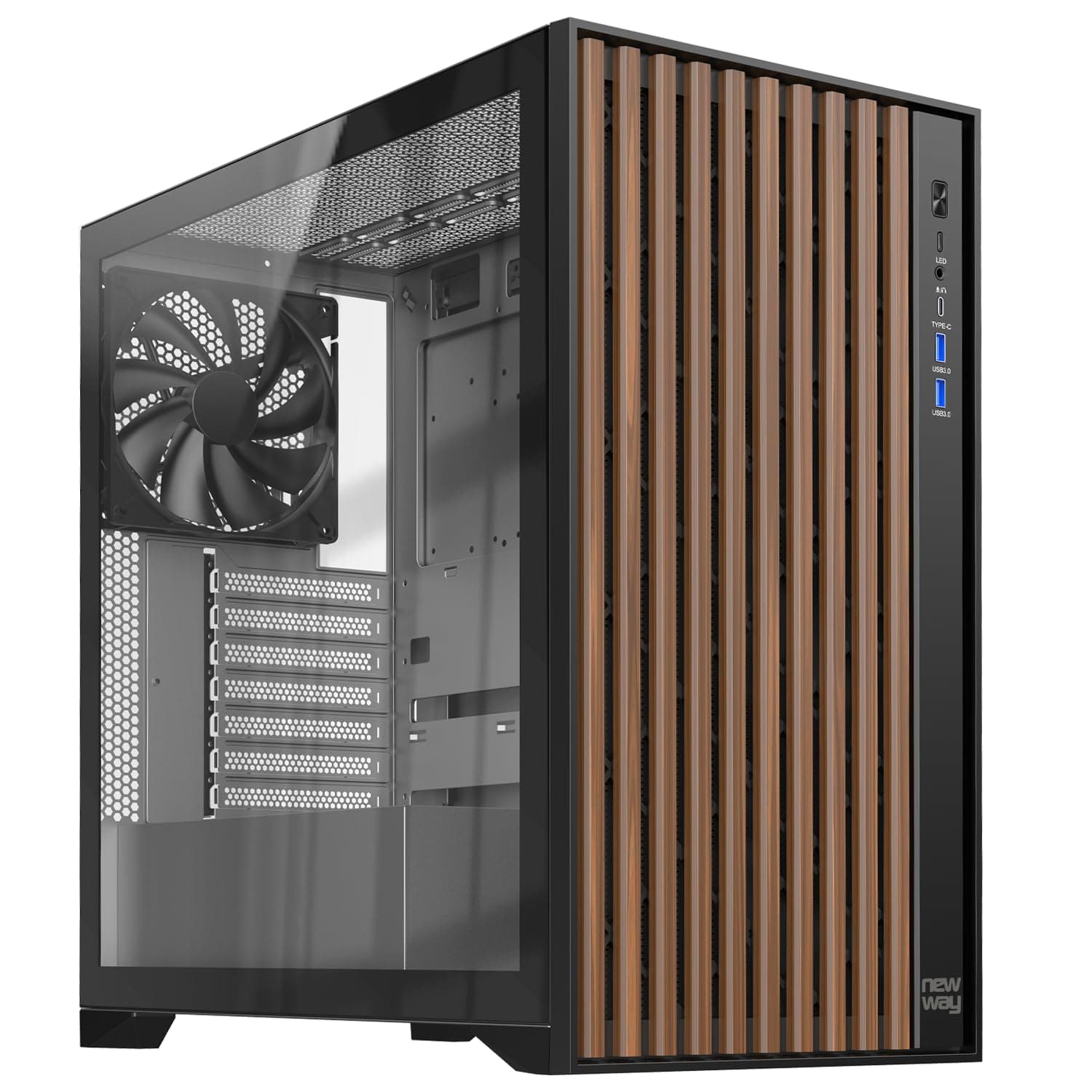 NEWWAY - NW1 PC-Gehäuse aus Holz - Mittlere Tower kompatibel mit ATX/Micro-ATX/ITX - Typ C USB - üfter inklusive 3 x 140 mm PWM - Seitenpanel aus gehärtetem Glas (schwarz)