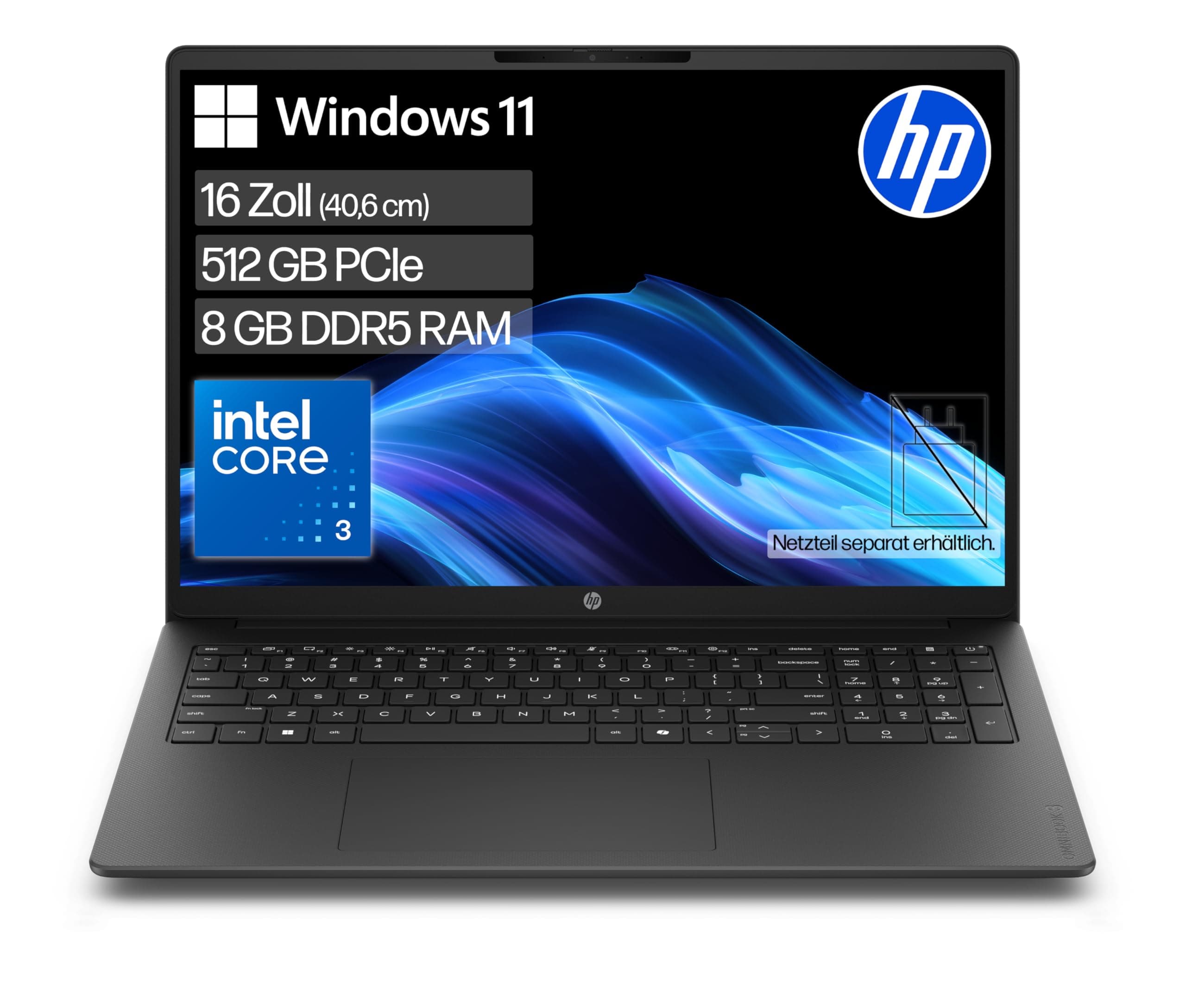 HP OmniBook 3 Laptop (16" 2K Display, Intel Core 3, 8GB RAM, 512GB, Win11, QWERTZ) - Schwarz Intel Core 3, 8GB RAM, 512GB 16 Zoll Schwarz