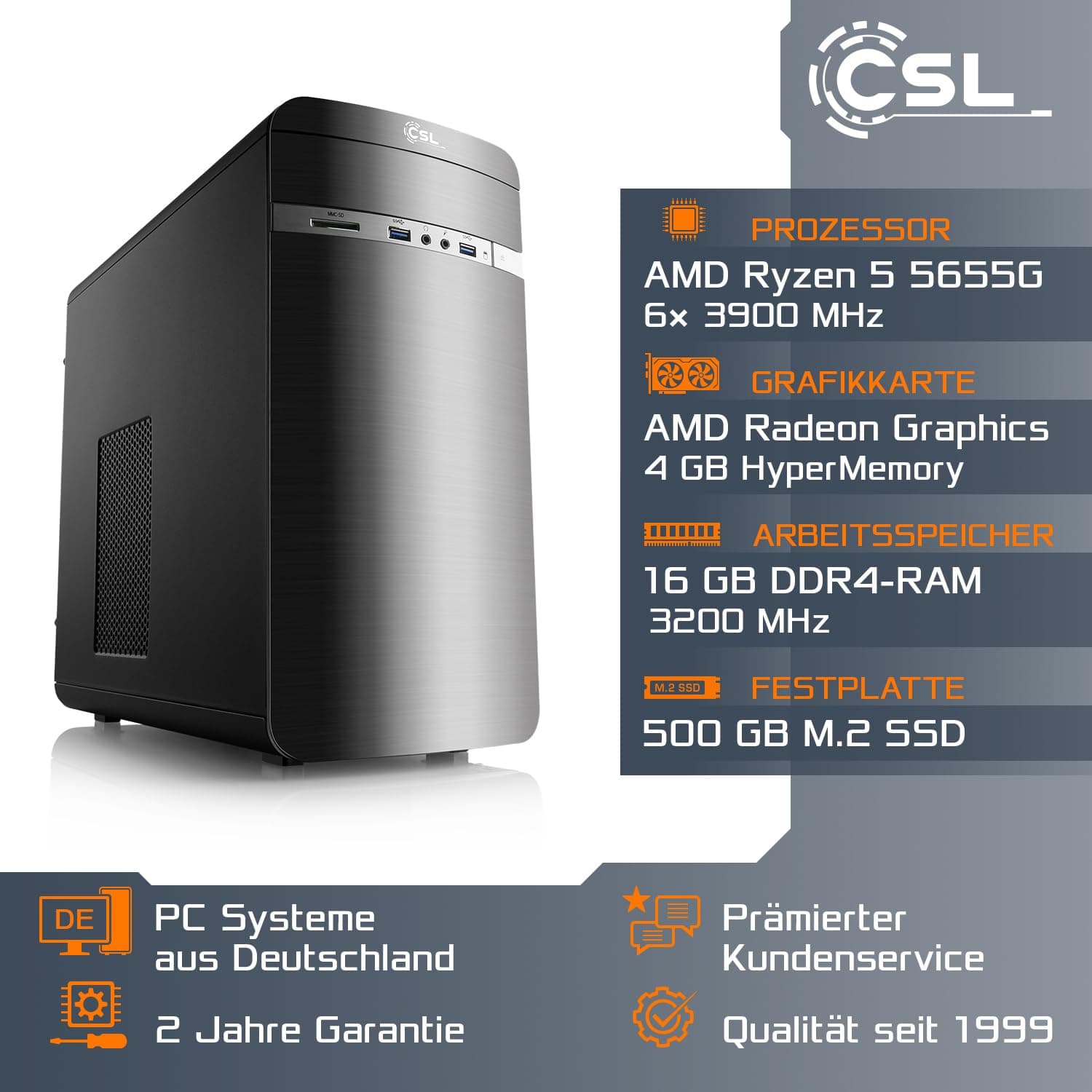 Gaming PC mit Windows 11 Home | AMD Ryzen 5 5655G 6x3.9GHz | AMD Radeon | 500GB M.2 NVMe | 16GB DDR4 RAM | WLAN | Entry Level Computer für Zocker, Gamer Desktop Rechner zum Spielen | A10010 Orion (anthrazit) 500.0 GB 16.0 GB AMD Radeon Windows 11 Home Bild 2