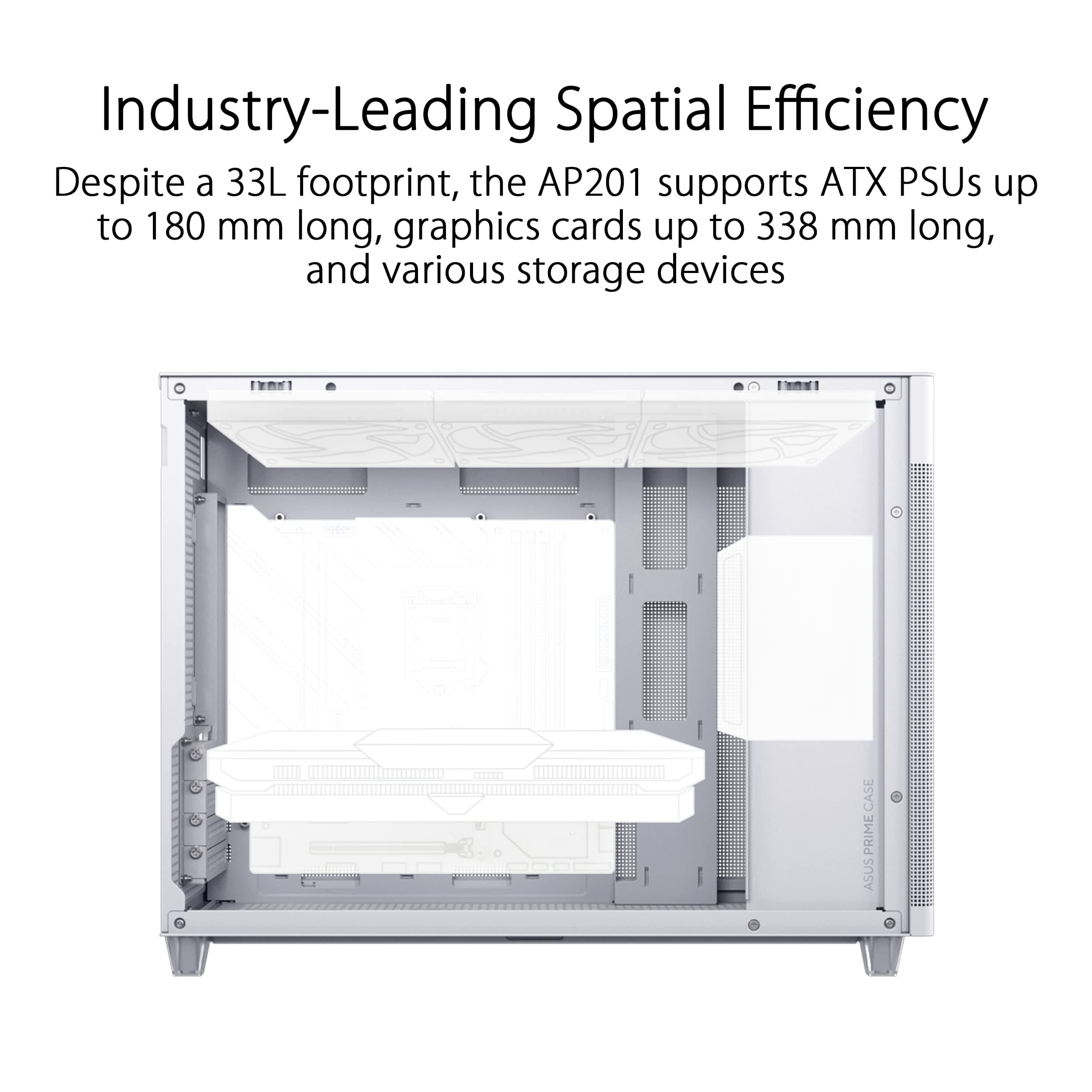ASUS Prime AP201 Tempered Glass MicroATX Gehäuse weiß (33 Liter, unterstützt 360-mm-Kühler, Grafikkarten bis 338 mm Länge und Standard-ATX-Netzteile, USB-C Anschluss, Seitenteile aus Glas) Bild 4