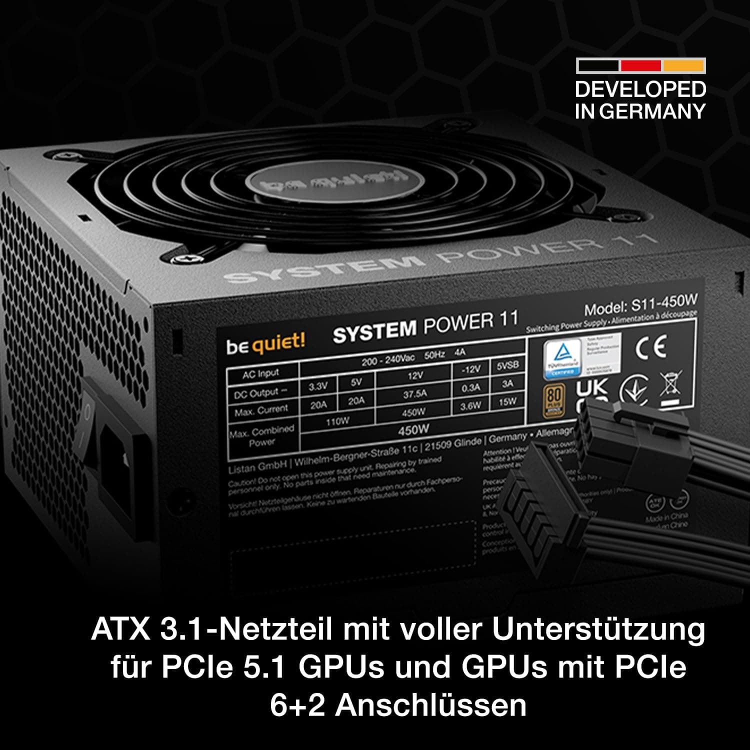 be quiet! System Power 11 450W Netzteil, ATX 3.1-Netzteil, volle Unterstützung für PCIe 5.1 GPUs, 120mm be quiet! Lüfter, Starke 12V-Leitung, DC/DC-Wandler, 80 Plus® Bronze Effizienz Bild 3