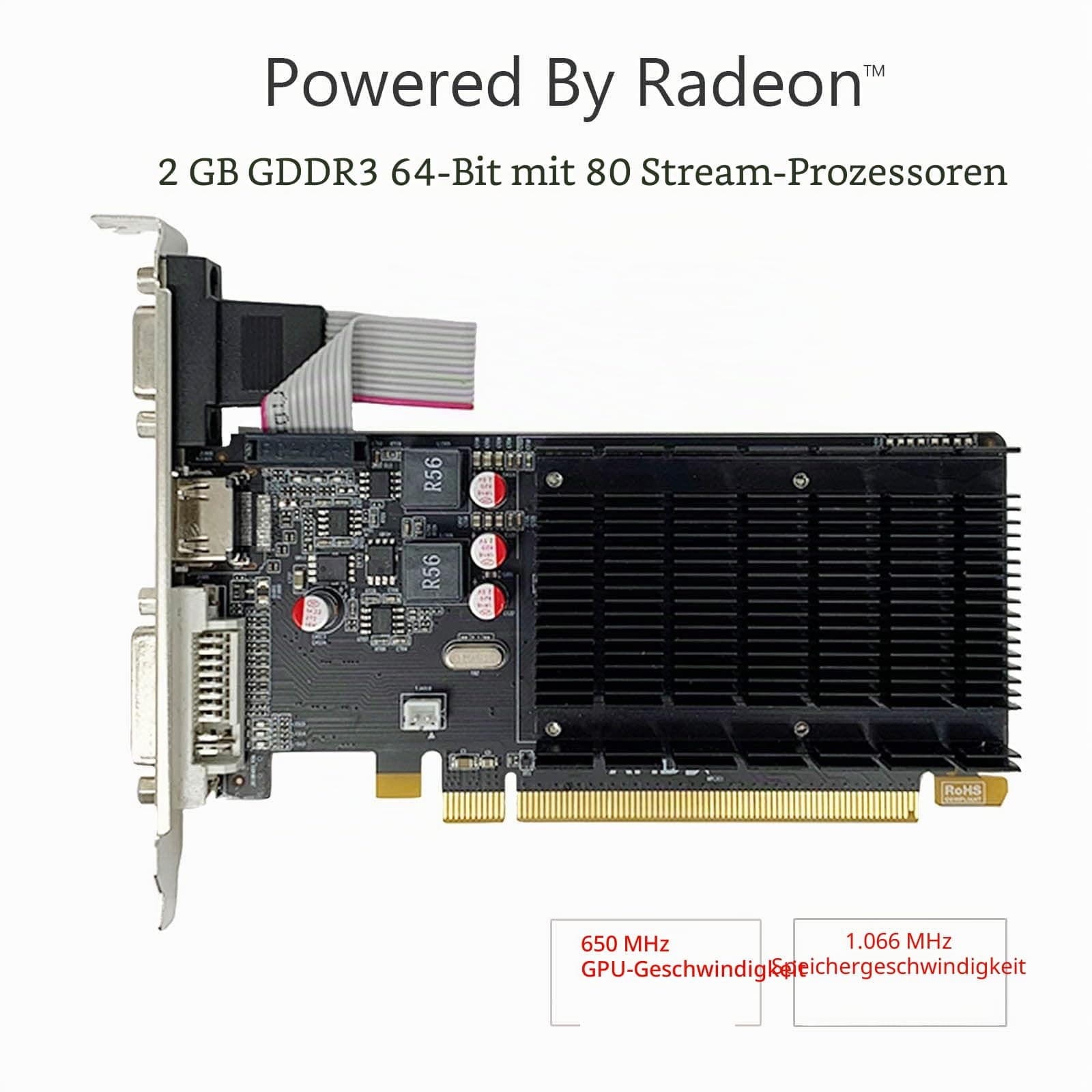 QTHREE Radeon HD 5450 Grafikkarte, 2 GB, GDDR3, 64 Bit, DVI HDMI VGA, Low Profile, PCI Express x16, Grafikkarte für PC, GPU, DirectX 11, unterstützt 2 Monitore Bild 3