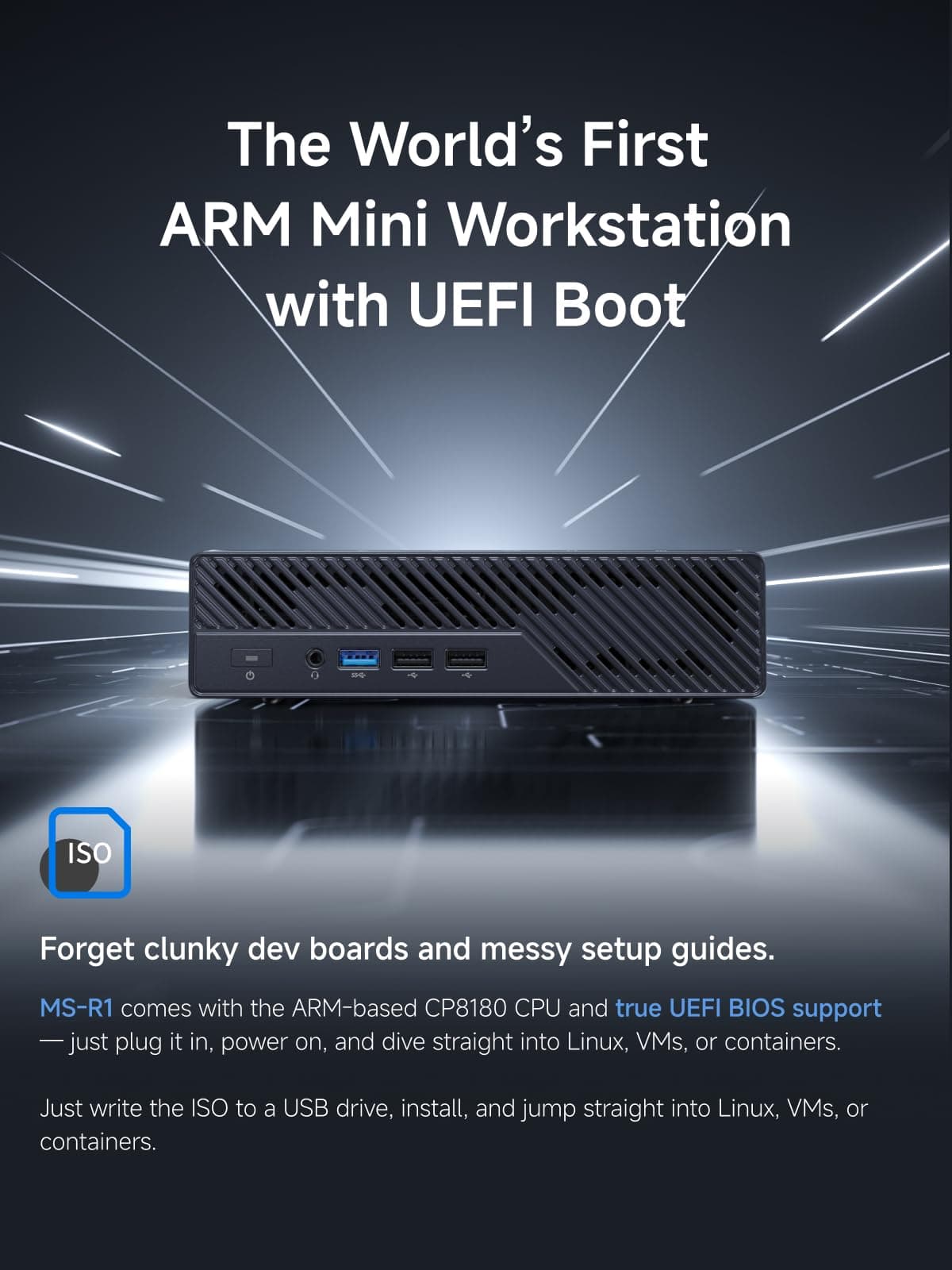 MINISFORUM ARM Mini Workstation mit UEFI-Boot-Unterstützung, Integrierter ARM-basierter CPU CP8180(12C/12T, 2,6 GHz, 45TOPS), 64GB LPDDR5(ECC-Unterstützung), M.2 SSD Slot, Dual 10G LAN, Wi-Fi6e/BT5.3 MS-R1-8180 ARM CP8180 64GB RAM without SSD Bild 6