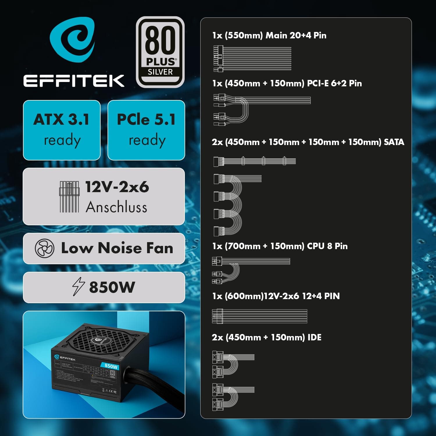 850 Watt Netzteil für PC Gaming ATX 3.1 und PCIe 5.1 kompatibel [Silber Serie] 80 Plus Silber I 12V Netzteil I für PC Gehäuse ATX I Power Supply I ATX Netzteil I 12V 2x6 Kabel GPU I leise Bild 3