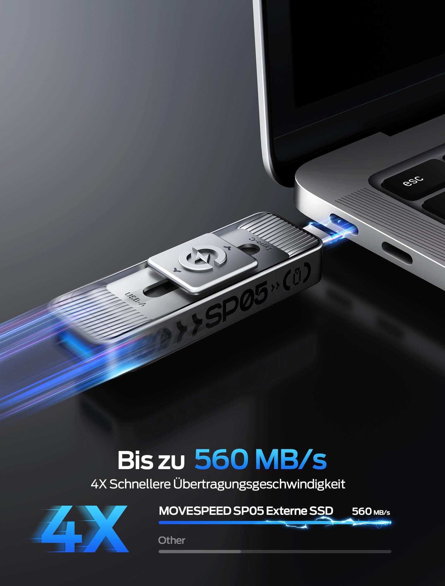 MOVE SPEED Externe SSD 1TB, Externe Festplatte mit bis zu 560MB/s Lesegeschwindigkeit, SSD Extern mit Dual-Ports & Push-Pull Design, Typ-C + USB 3.2 Portable SSD für iPhone 17/16/15/Android/Mac Bild 3