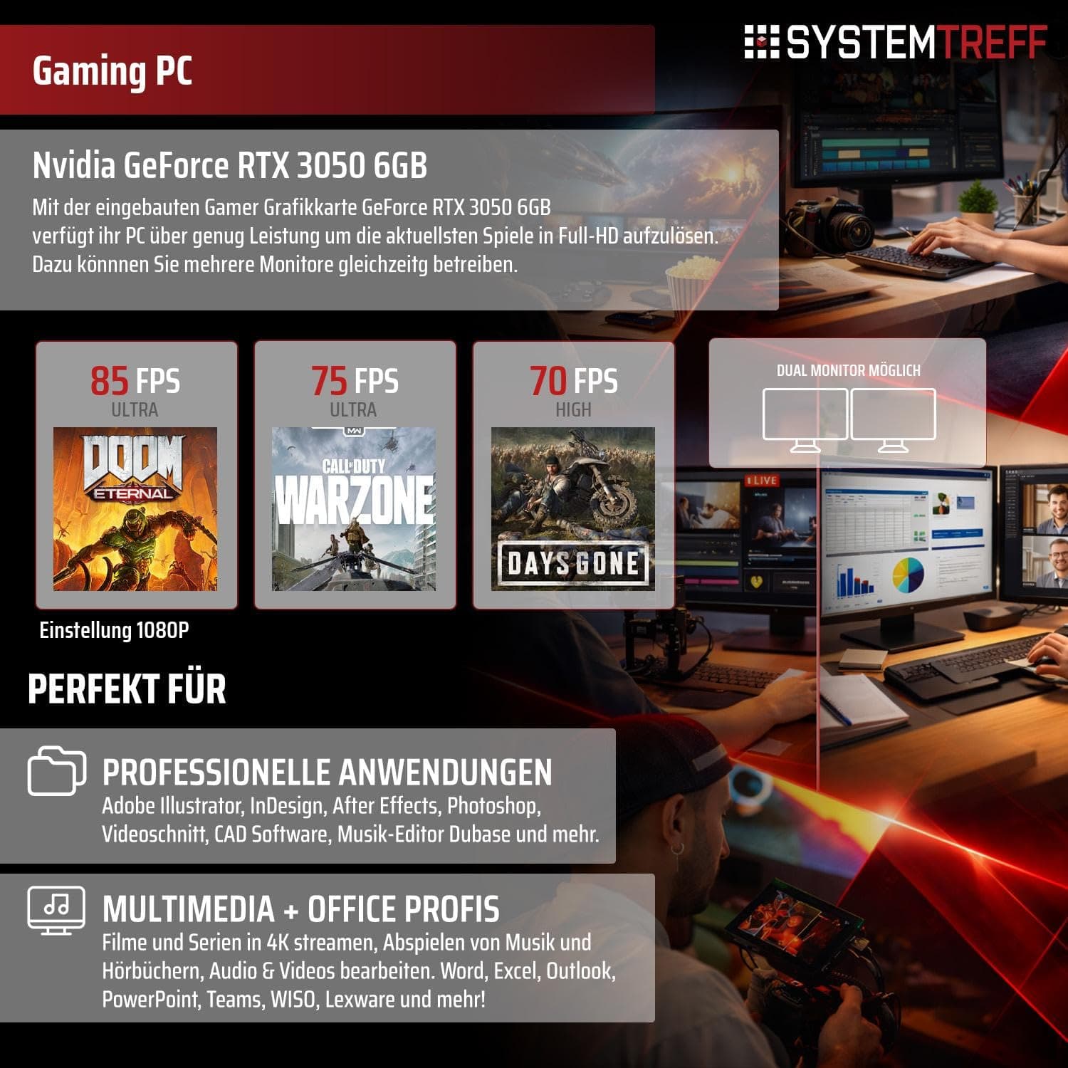 SYSTEMTREFF Basic Gaming PC Intel Core i5-12400 6x4.4GHz | Nvidia RTX 3050 6GB DX12 | 512GB M.2 NVMe | 16GB DDR4 RAM | Windows 11 | WLAN Desktop Computer Rechner für Gamer, Zocker & Streamer Bild 5