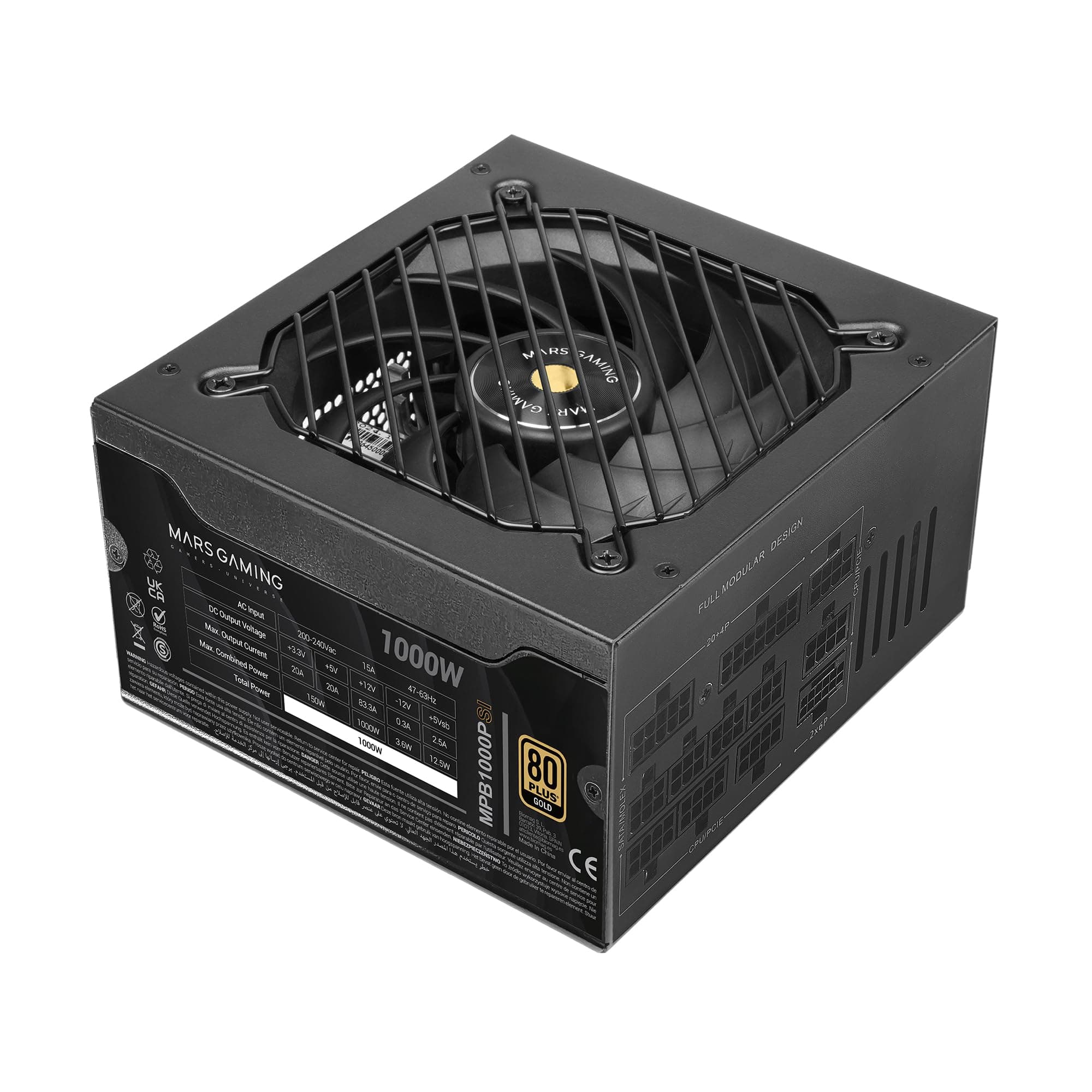 MARS GAMING MPB1000PSI, Vollmodulares ATX-Netzteil 1000W, 10 Jahre Garantie, 80Plus Gold 90%, SI-Lüfter 140mm, AI2-RPM, DC-DC und SMD Technologien, ATX 3.1 und PCIe 5.1 mit 12V 2x6 Anschluss, Schwarz Bild 2