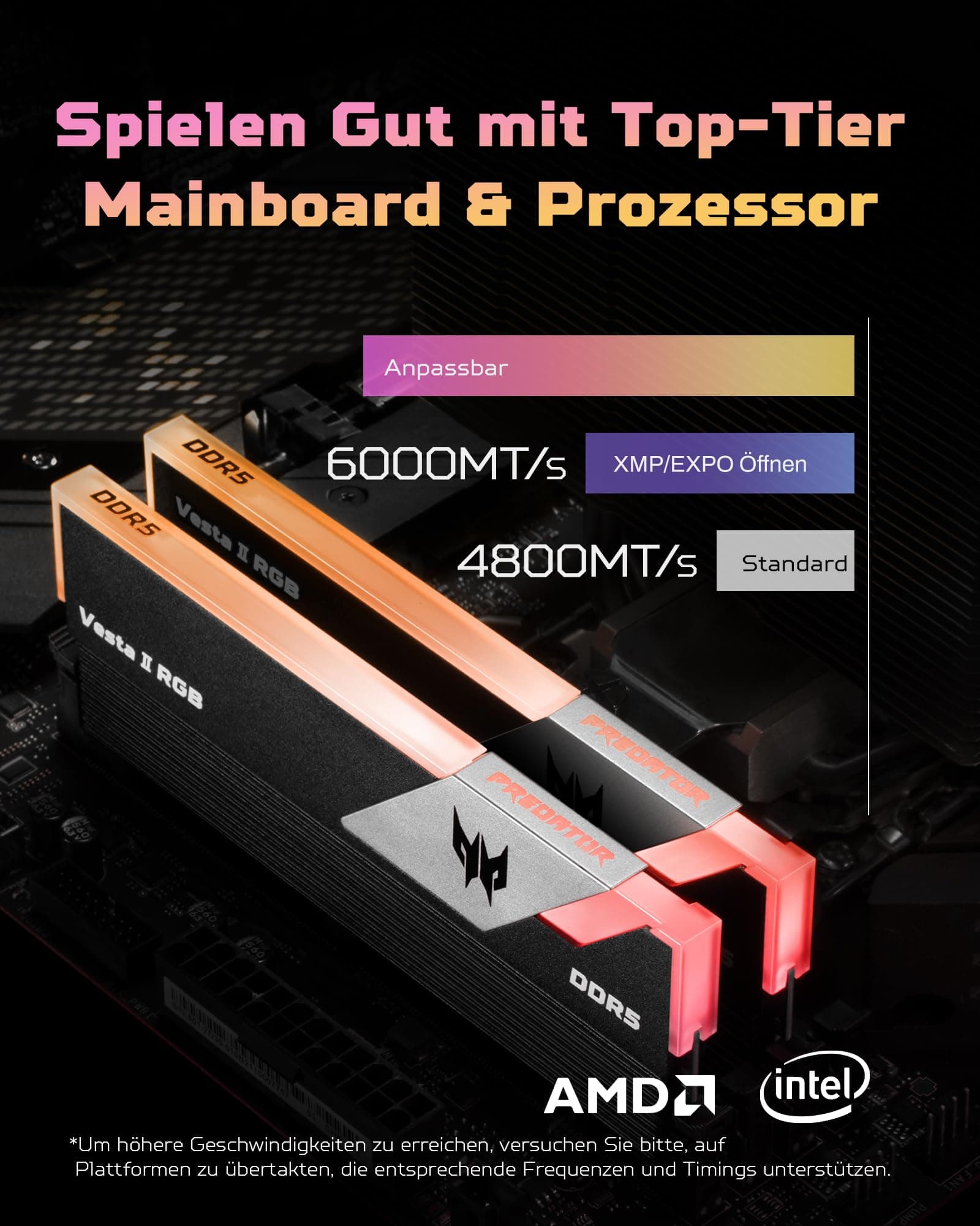 Acer Predator Vesta II DDR5 RGB RAM 32GB (16GBx2) CL36 bis zu 6000MHz - Intel XMP 3.0 & AMD EXPO - PC Computer Gaming Arbeitsspeicher (Schwarz) 32GB (16GBx2) CL36-6000MHz Schwarz Bild 5
