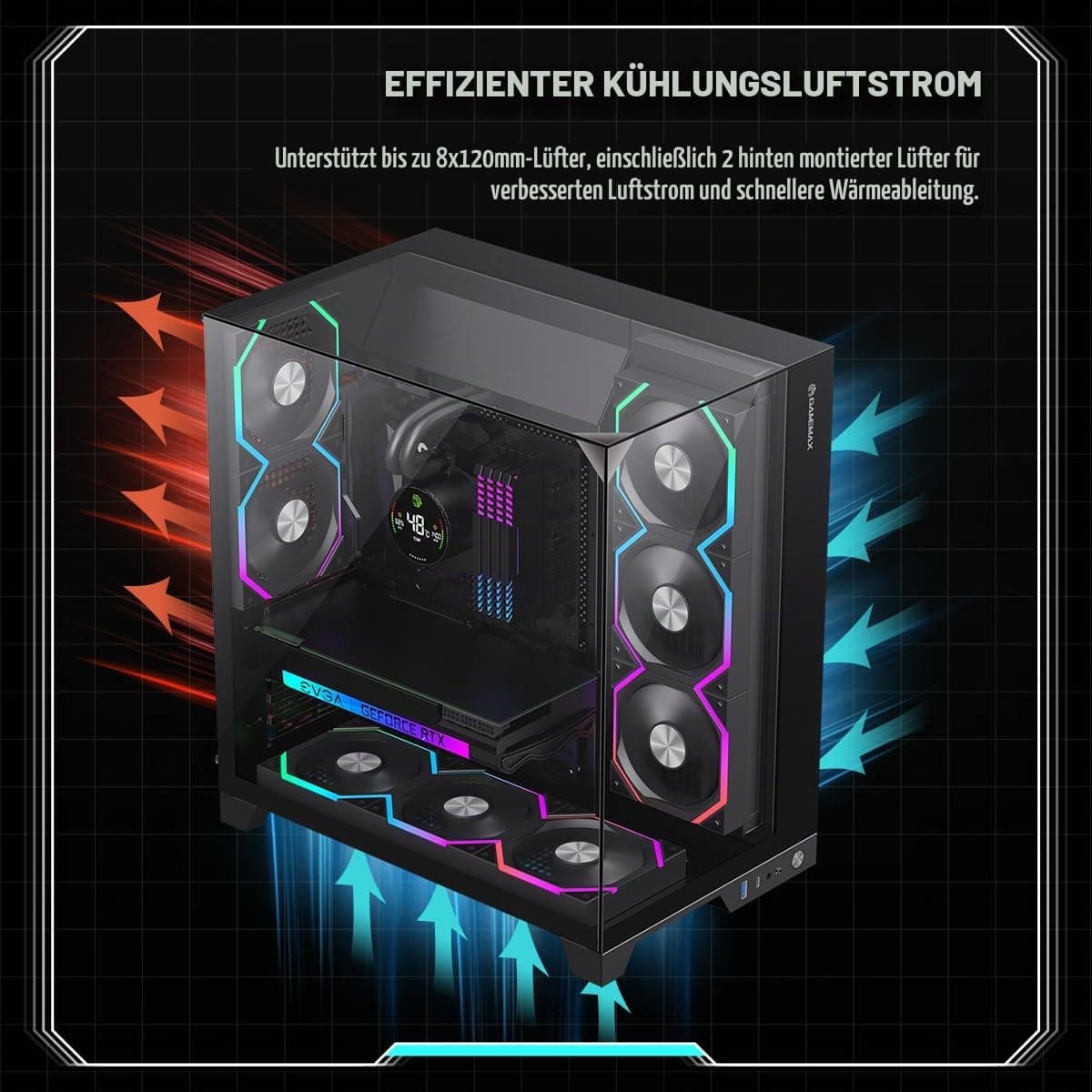 GAMEMAX Infinity PRO BK ATX PC-Gehäuse Schwarz mit gehärtetem Glas, 5X ARGB PWM-Lüfter vorinstalliert, USB 3.0 & Type-C, unterstützt Aura Sync & BTF, verdeckte Wasserkühlungsführung Bild 7