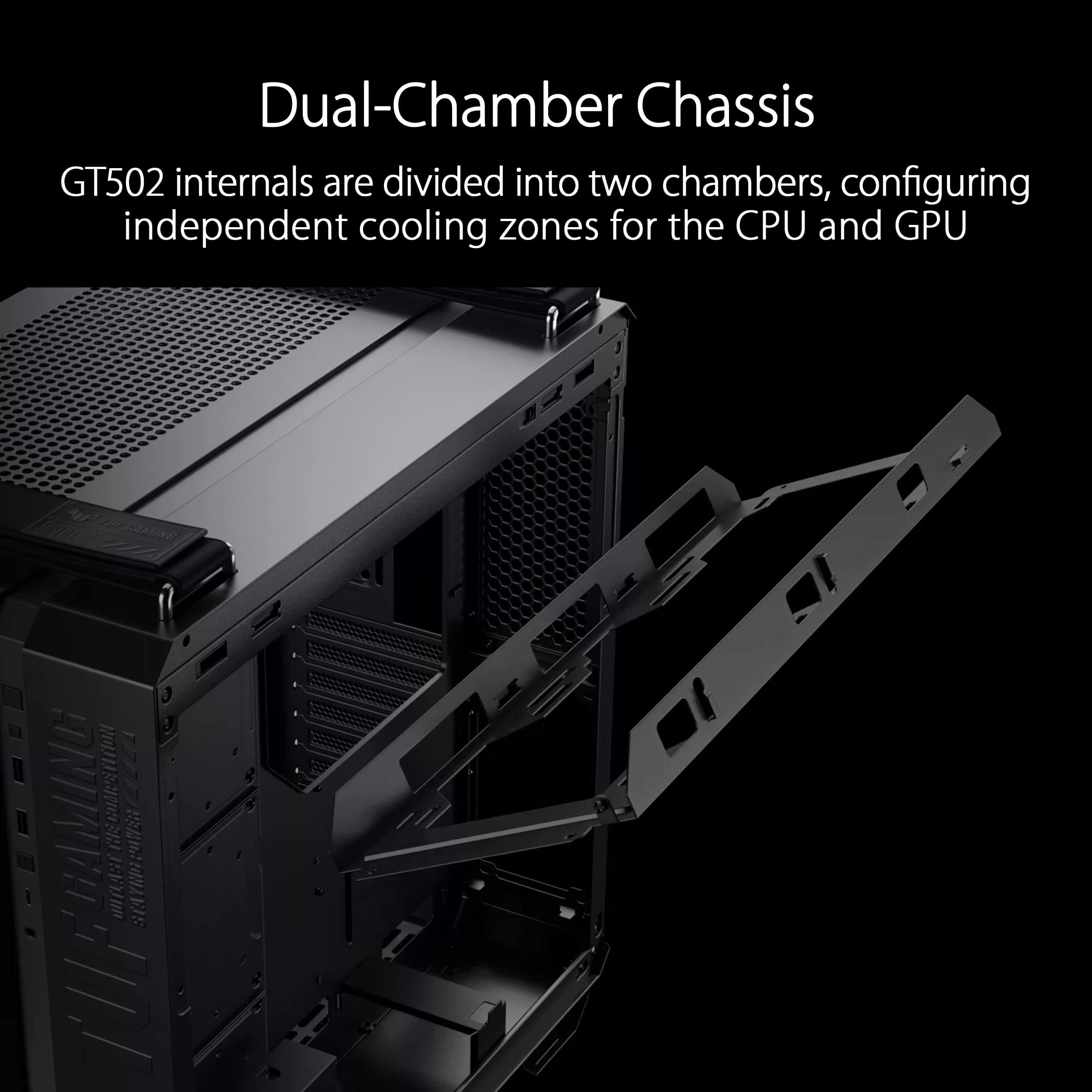 ASUS TUF Gaming GT502 Plus TG White modulares PC Gehäuse (Zweikammer-Gehäuse, bis zu DREI Positionen für 360-mm-Radiatoren oder bis zu dreizehn 120-mm-Lüfter, Glasscheiben Panoramablick, weiß) Bild 3