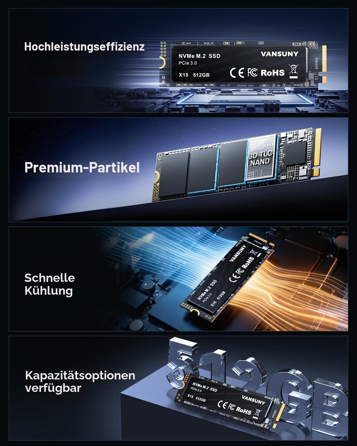 Vansuny SSD 512GB M.2 SSD NVMe SSD Interne SSD 512gb M.2 2280 PCIe TLC Bis zu 3400MB/s Lesen 2900MB/s Schreiben zum Aufrüsten von Gaming PC 512Go m.2 Bild 7