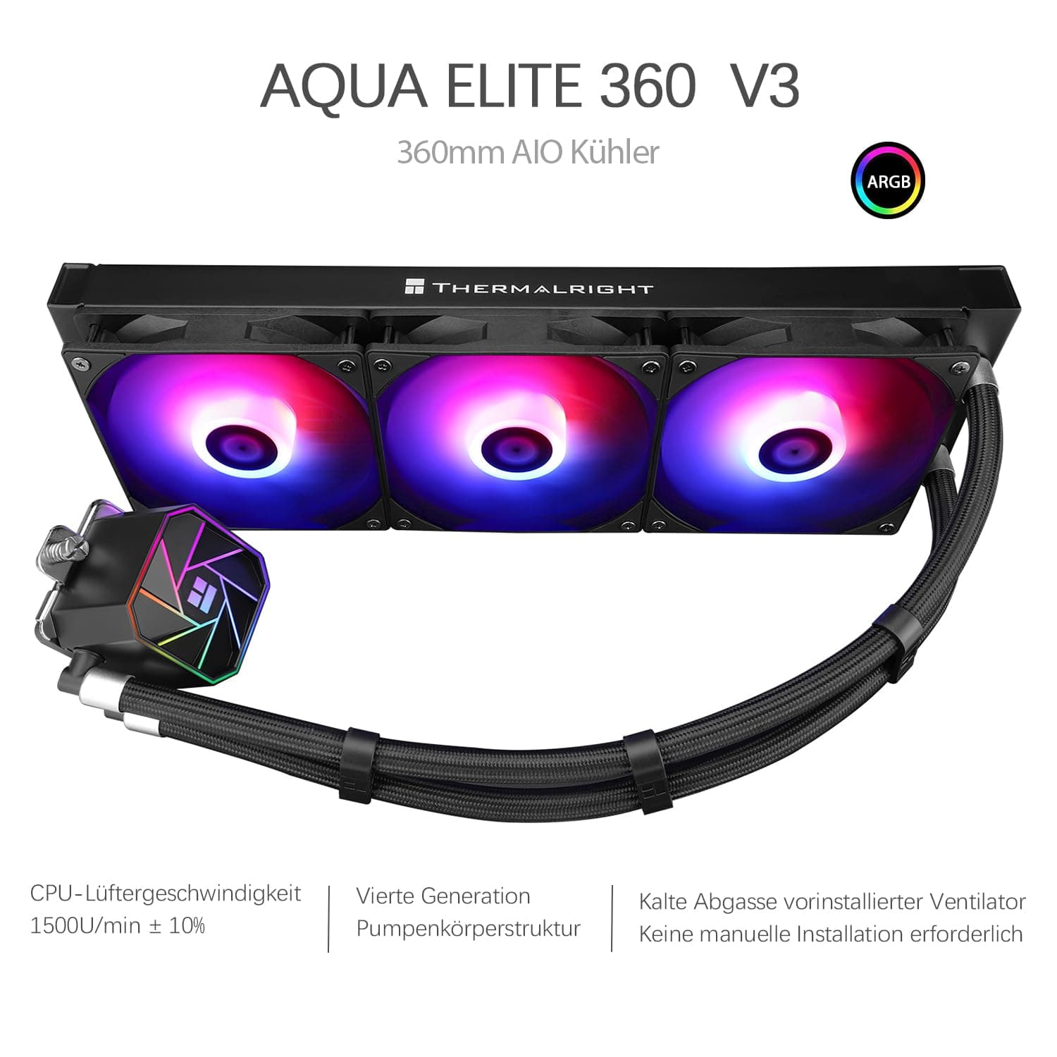 TR-Thermalright Aqua Elite 360 V3 CPU Wasserkühlung Komplett-360 Spezifikation AIO PC Kühler,3x120mm ARGB Kühlventilator,Einfache Installation,Kompatibel mit AM5/AM4, LGA1851/1700/115X/1200 360mm Schwarz Bild 3