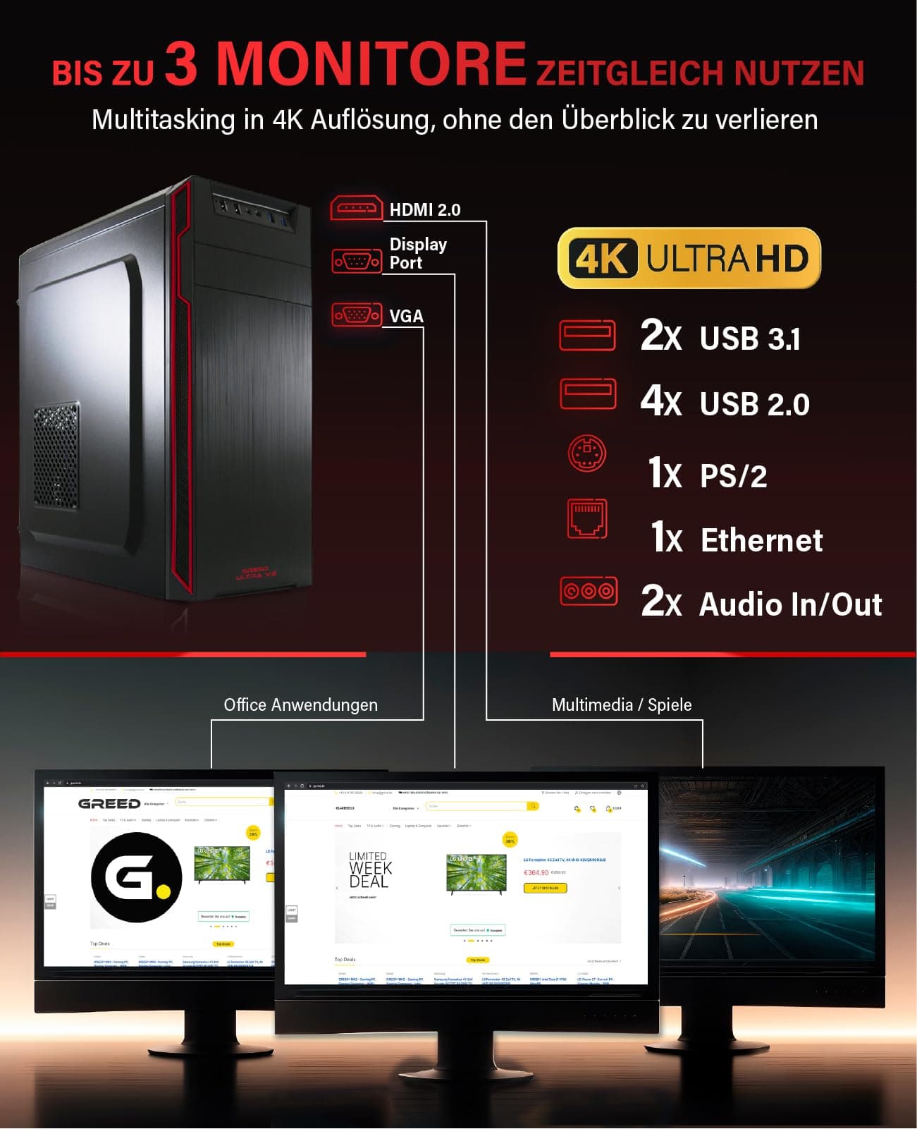 Greed® Ultra V2 PC mit AMD Ryzen 7 5700G - Schneller Rechner + Computer für Büro & Home Office mit 4,6 GHZ, 16GB RAM/Arbeitsspeicher - 1TB SSD + 1TB HDD - DVD+RW - USB3.1 - WLAN, inkl Windows 11 Pro Ultra | V2 AMD Bild 5