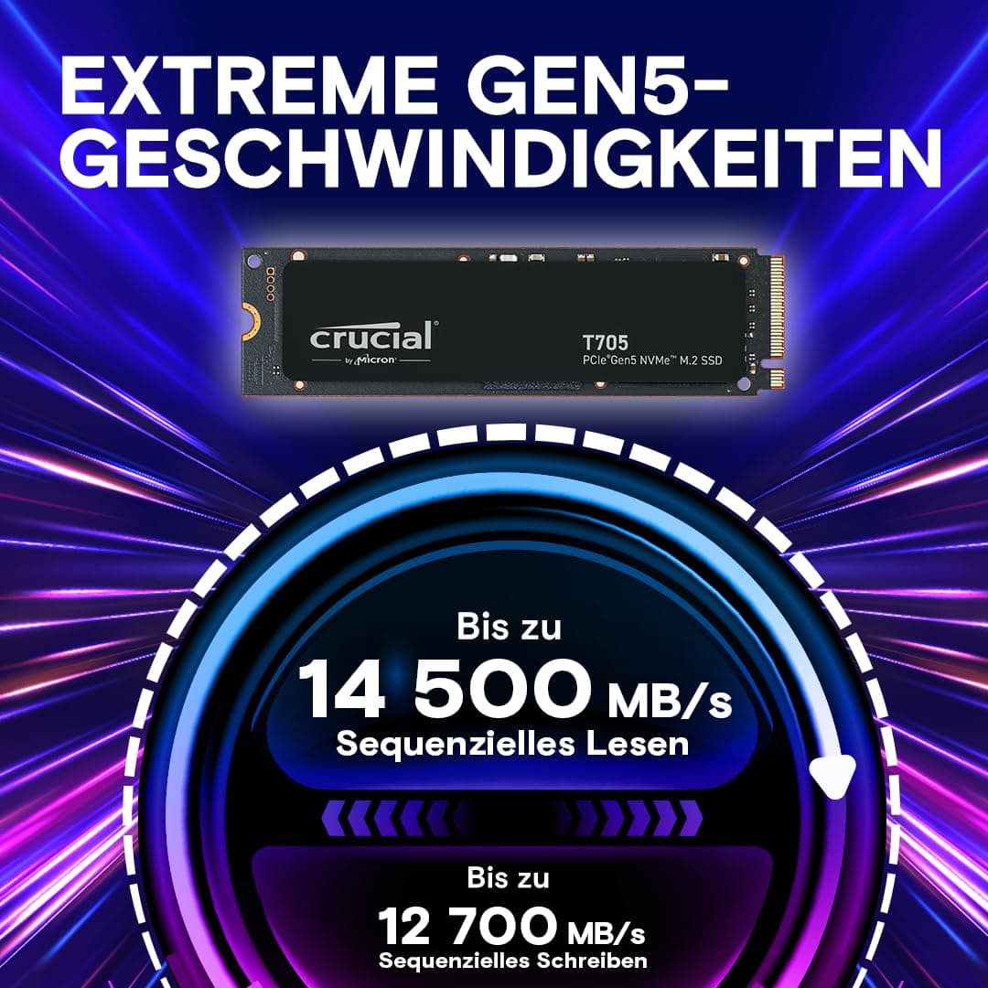 Crucial T705 2TB SSD PCIe Gen5 NVMe M.2, bis zu 14.500MB/s, Microsoft DirectStorage, PCIe 4.0 abwärtskompatibel, Interne Solid State Drive - CT2000T705SSD3 2TB ohne Kühlkörper T705 (bis zu 14,500MB/s) Bild 3