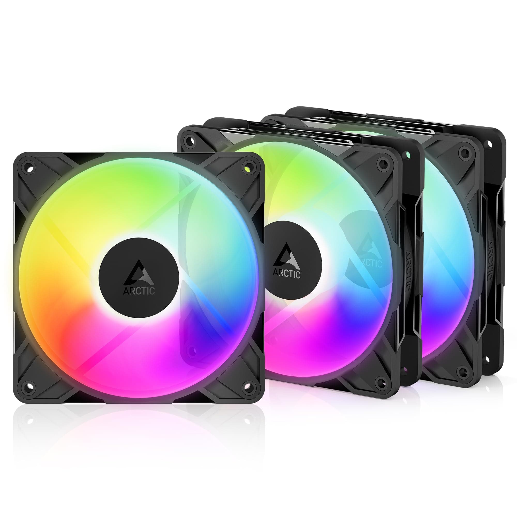 ARCTIC P12 Pro Reverse A-RGB – 3 Pack – 120 mm Premium-Lüfter mit Reverse Airflow, PWM-Lüfter mit Y-Kabelsplitter, 500-3000 rpm, 0 rpm <5% PWM, 5V Digital RGB, Hydrodyn. Gleitlager, 4-Pin - Schwarz Bild 2