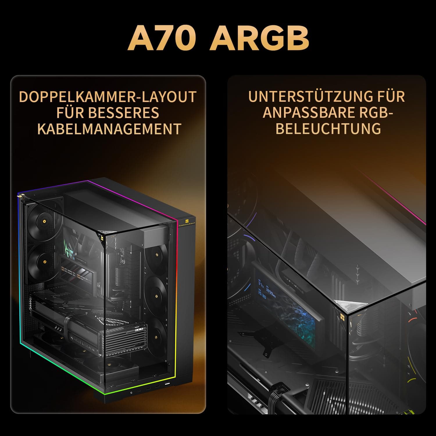 TR A70 ARGB Schwarzes ATX Gaming-Gehäuse, dreiseitiges säulenlosem Panoramaglas-Panel, 8 CPU-Lüfterplätze, 4-Wege-Luftzirkulation, werkzeuglose vertikale Fallschutz + panoramische Lichtleiste. Bild 3