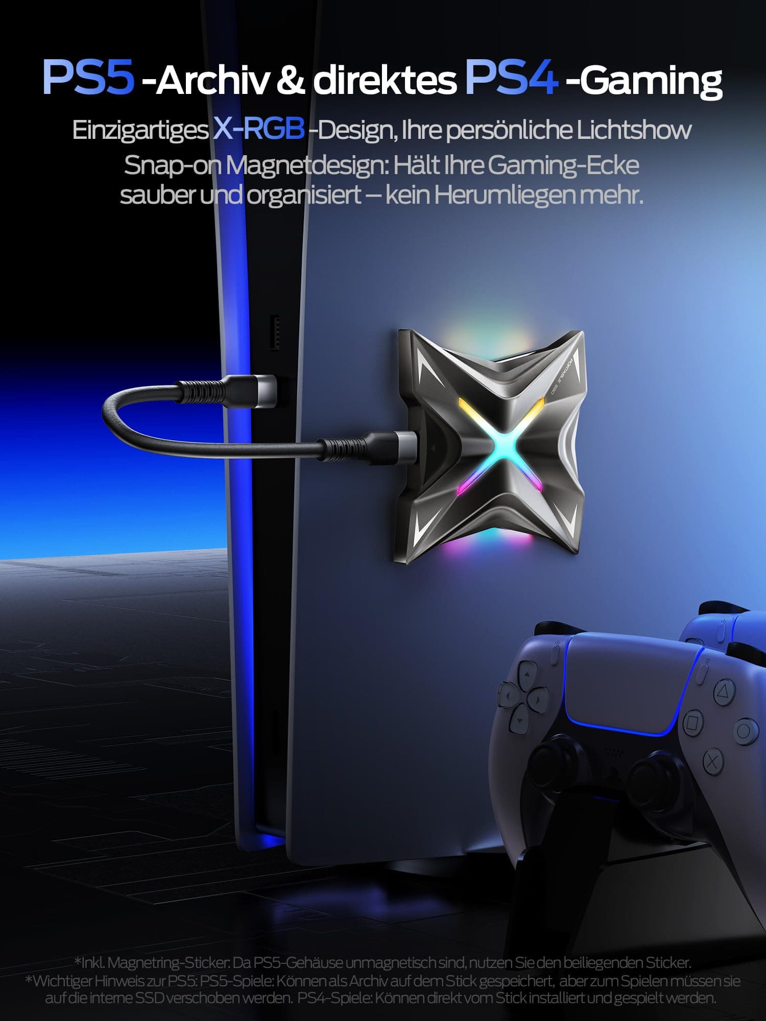 MOVE SPEED Externe Festplatte 2TB, Externe SSD bis zu 2060MB/s mit Magnetischer Befestigung & RGB-Licht, USB 3.2 Gen 2x2 PSSD aus Zinklegierung für PS5, Xbox, iPhone 17/16/15 Pro, Mac, PC Bild 5