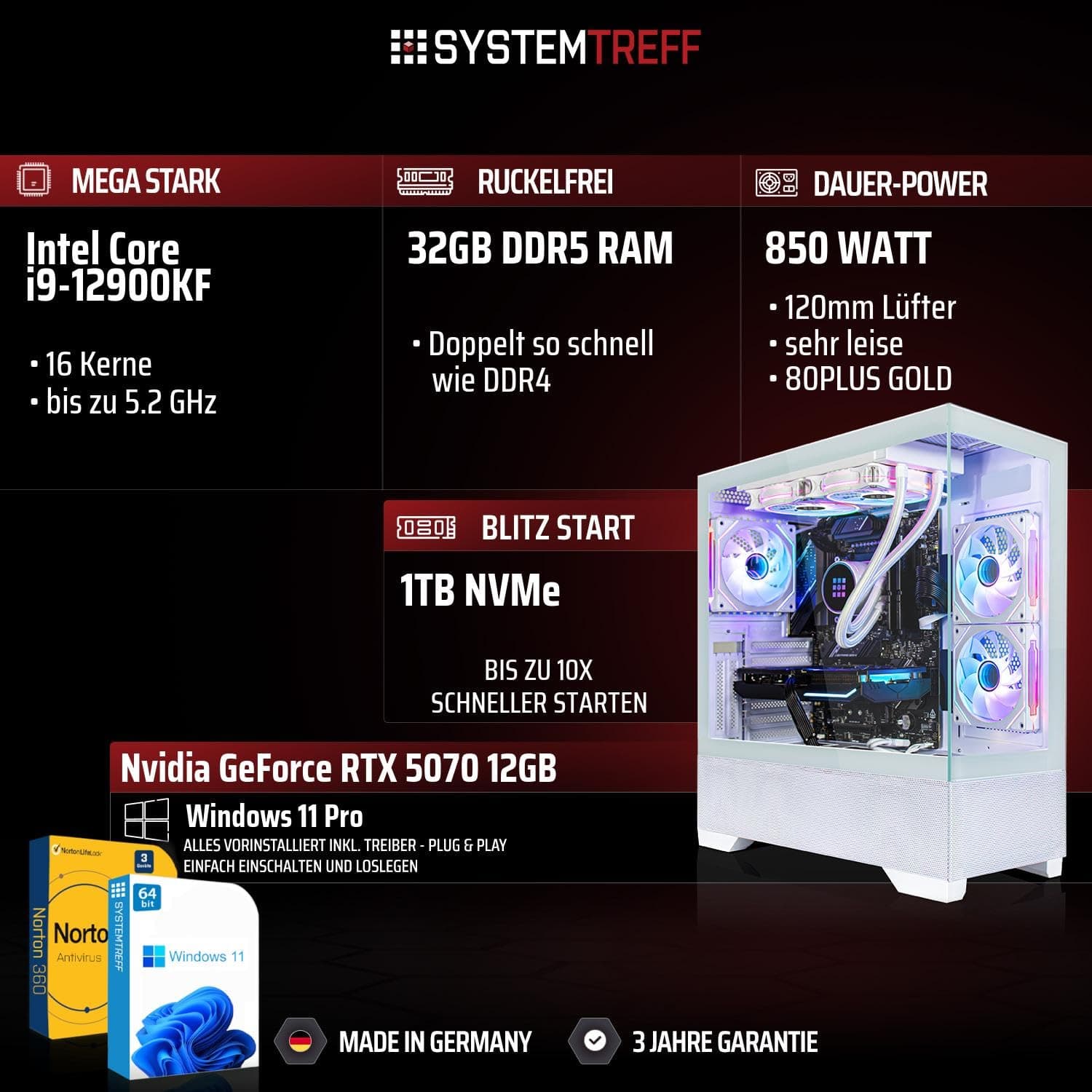 SYSTEMTREFF High-End Gaming PC weiß Intel Core i9-12900KF 8x5.2GHz | Nvidia RTX 5070 12GB | 1TB M.2 NVMe | 32GB DDR5 RAM | Windows 11 | Desktop Computer Rechner für Gamer, Zocker & Streamer Bild 2