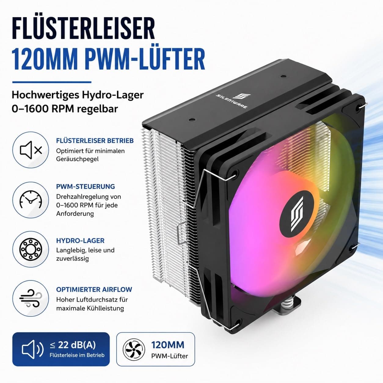 Bora RGB CPU-Luftkühler, 5 Kupfer-Heatpipes, 120mm leiser PWM Lüfter mit Hydro-Lager, A-RGB Beleuchtung, TDP bis 215W, Kompatibel mit Intel LGA 115X/1200/1700/1851 und AMD AM4/AM5 Bild 7