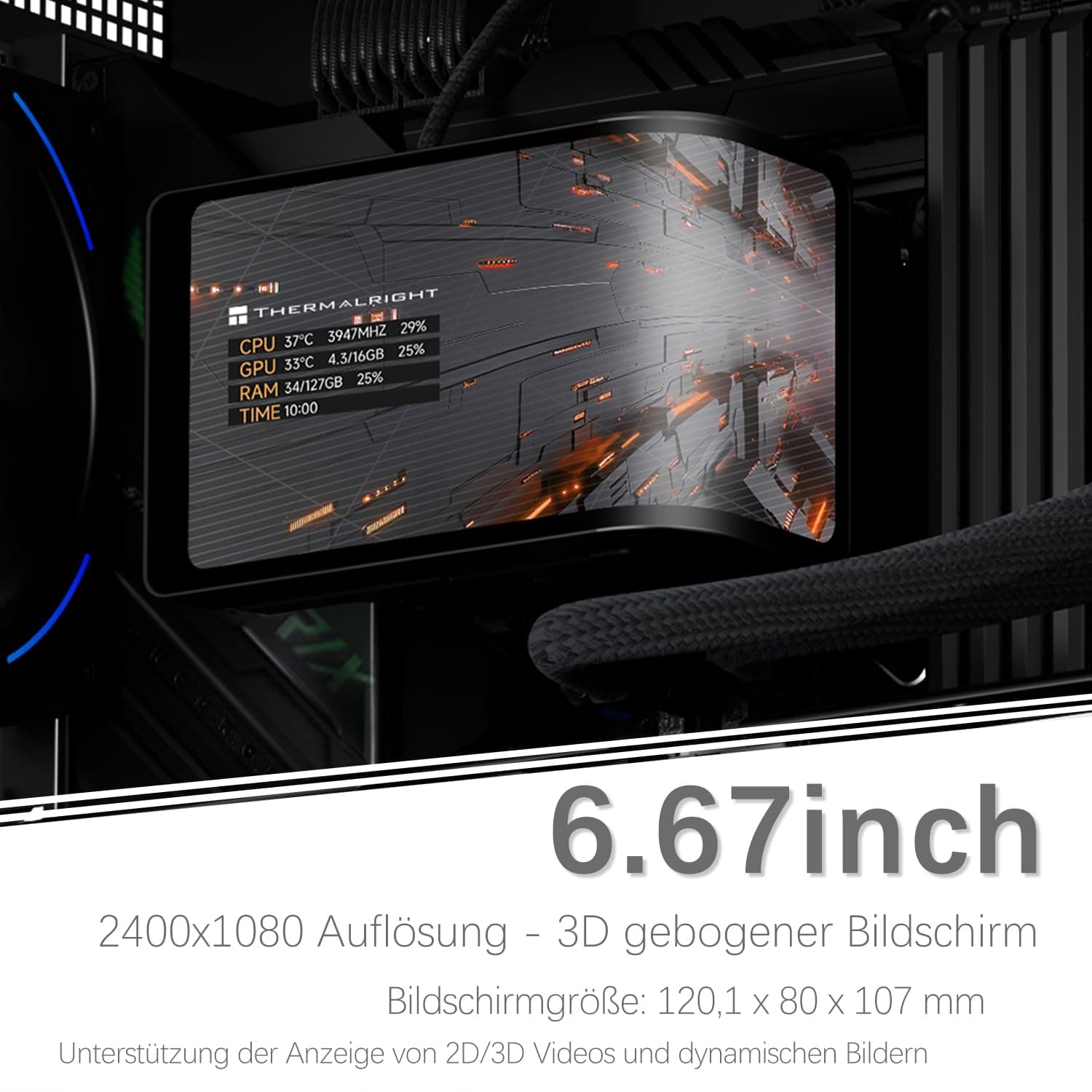 TR-Thermalright Wonder Vision 360 Turbo ARGB Black Liquid CPU Kühler, 6,67'' 3D Curved Bildschirm mit 2400x1080 Auflösung-Magnetisch, 360mm Aio Schwarz, für AM5,LGA1851/1700 Bild 5