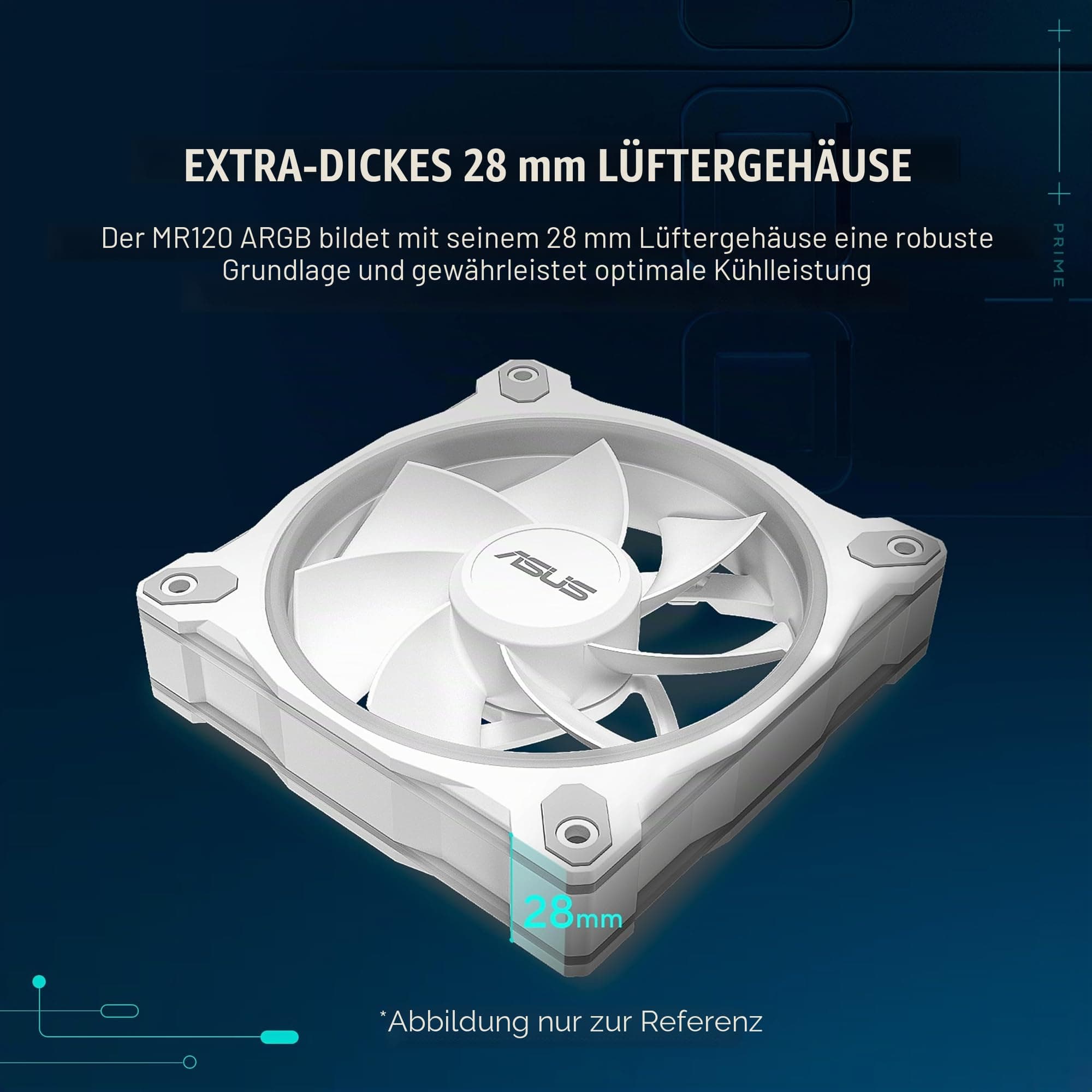 ASUS Prime MR120 White ARGB-Gehäuselüfter Single Pack (beidseitige Beleuchtung, 20 adressierbare RGB-LEDs, 28 mm Rahmen, PWM-Steuerung, Lüfterdrehzahl 1600 U/min, 21dB(A) Lärmpegel, 58 CFM, Weiß) Bild 3