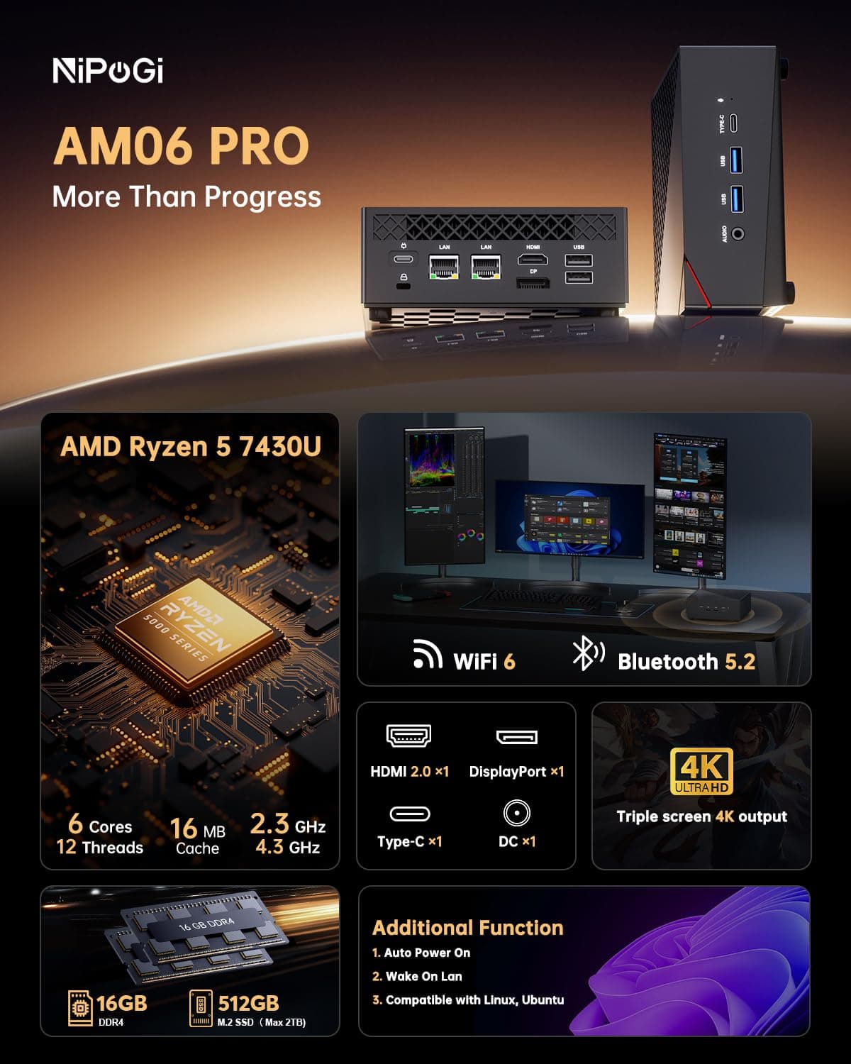 NiPoGi AM06 PRO Mini PC АMD Ryzen 5 7430U(6C/12T, bis zu 4,3 GHz), 16GB DDR4 512GB M.2 SSD Mini Desktop Computer WiFi 6, Dual LAN, DP/HDMI/Type-C 4K Triple Display Mini-PC mit VESA für Schule/Büro. Schwarz R5 7430U/ 16 + 512 Bild 2