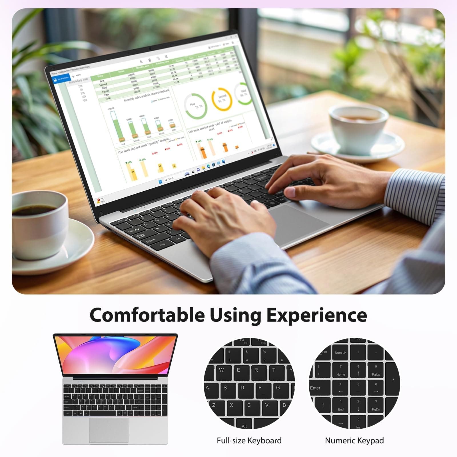 15,6 Zoll Laptop, Quad-Core N95(bis 3,4 GHz), 16GB RAM, 512GB SSD, Full-HD Display, beleuchtete Tastatur mit Nummernblock, 2,4G/5G WLAN, Bluetooth 5.0, Win 11 Notebook für Arbeit, Studium & Homeoffice Perlgrau Bild 5