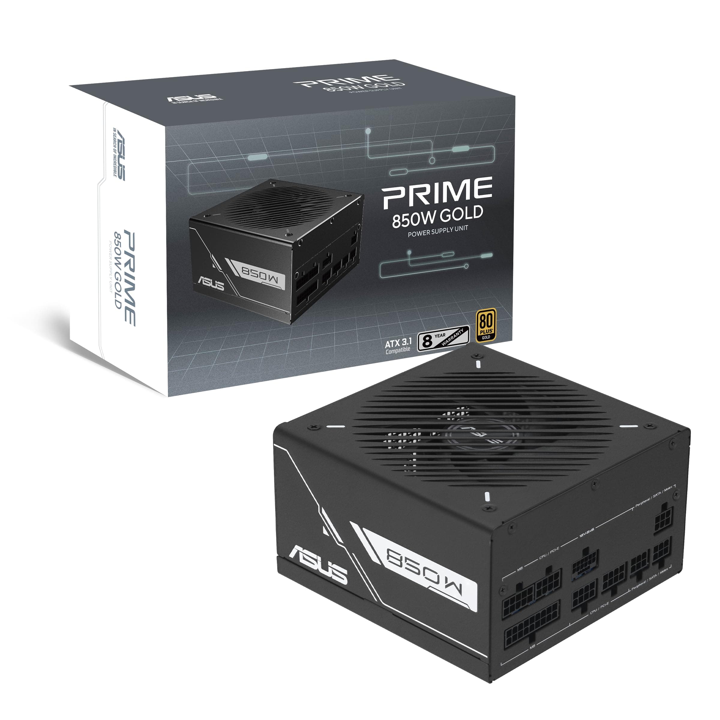 ASUS Prime 850W Gold Black Edition Gaming Netzteil (850 Watt, Lüfter mit Doppelkugellager, ATX 3.1 & PCIe 5.1 kompatibel, 80 Plus & Cybernetics Gold-Zertifizierung, geätzte Kabel, Schwarz) Bild 2