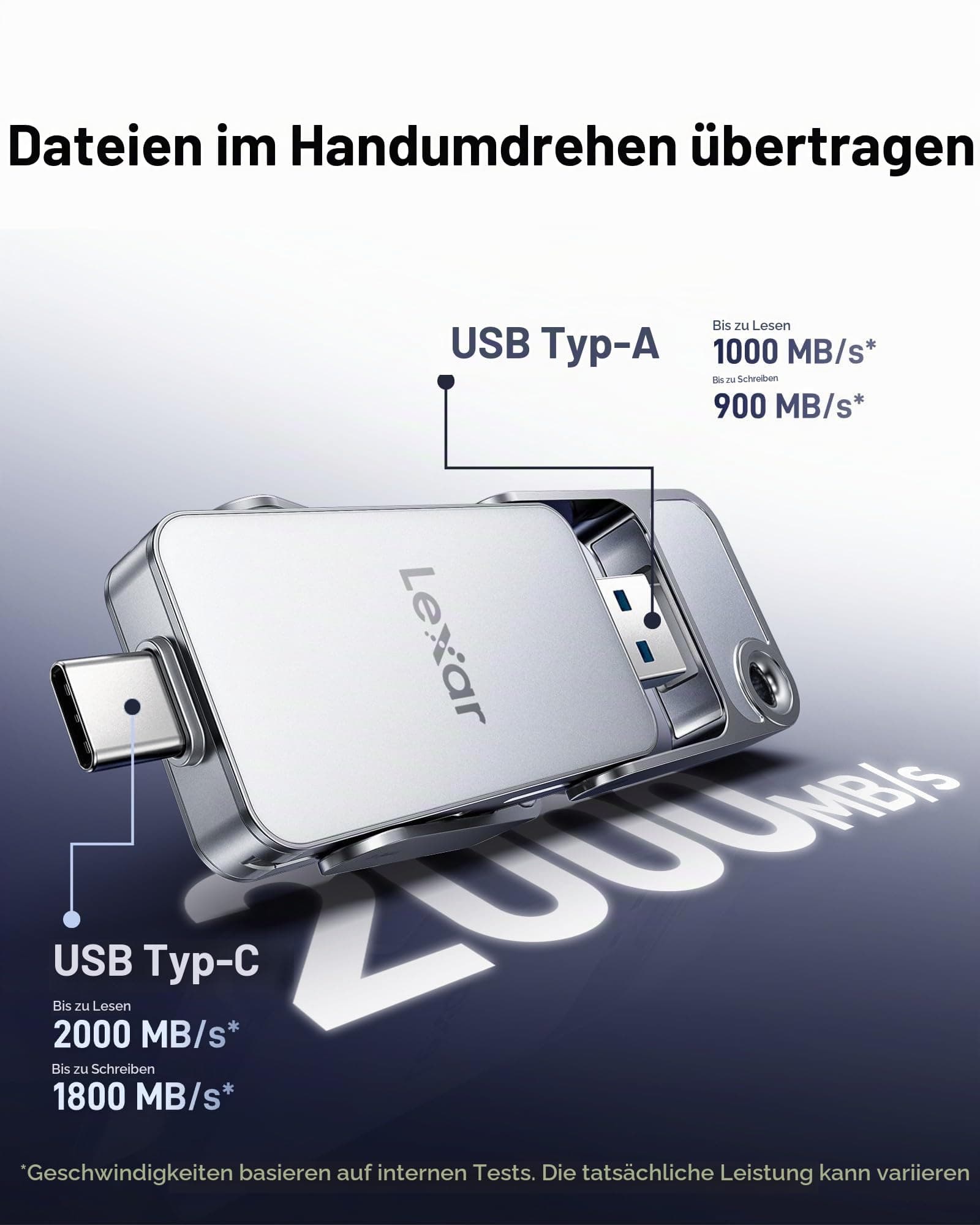 Lexar D70E 1TB Dual Drive Externe SSD,bis zu 2000 MB/s Lesen, 1800 MB/s Schreiben, Kabellose, Tragbare SSD für USB-Typ-C-/Typ-A-Geräte, Kompatibel mit iPhone 17 1 TB Bild 7