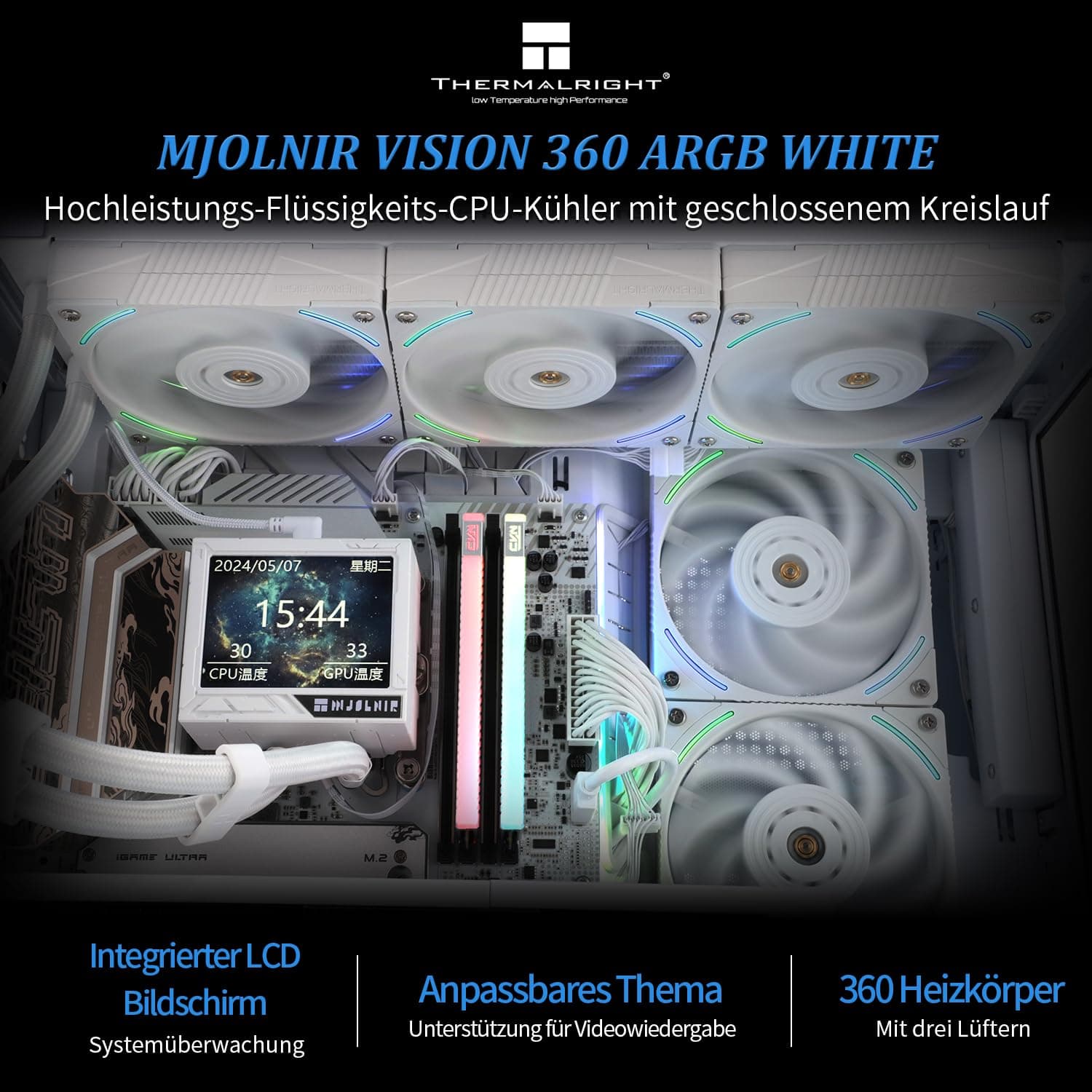 Thermalright Mjolnir Vision 360 ARGB Weiß-360mm AIO CPU-Flüssigkeitskühler, IPS LCD-Bildschirm mit 320*240 Auflösung, für AM4/AM5 und LGA1700/1851,'3.5 Zoll'Magnet-Absorber LCD-Bildschirm für Bilder MV360 ARGB White Bild 3