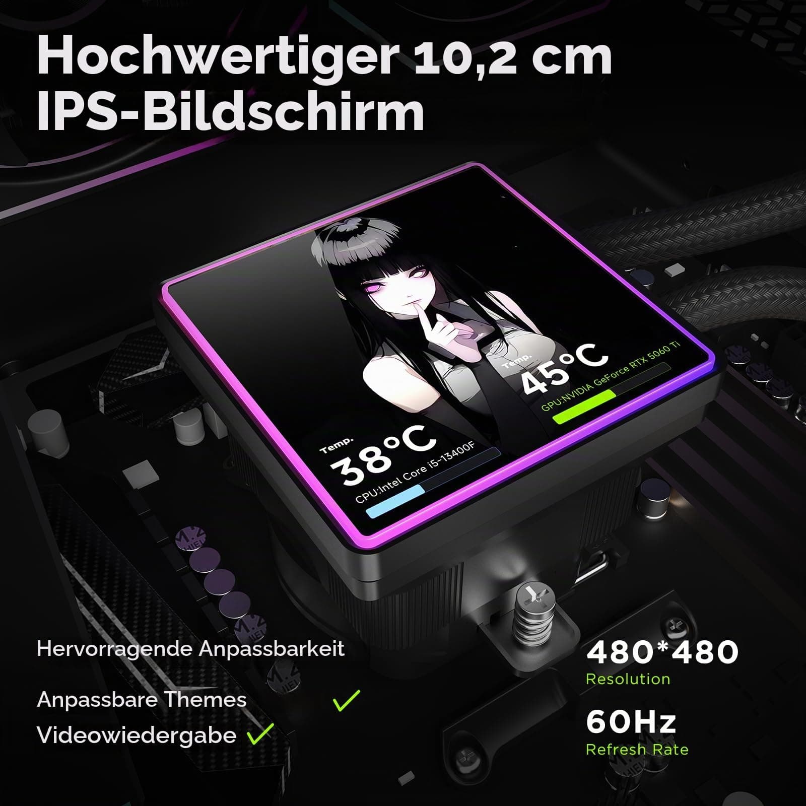 TZMRIT PF360-SE Aio Wasserkühlung 360mm mit 4'' LCD Screen Display,ARGB Infinity Mirror 2000RPM PWM Lüfter,für AM4/AM5& Intel LGA1851/1700 (BK) Black Bild 3