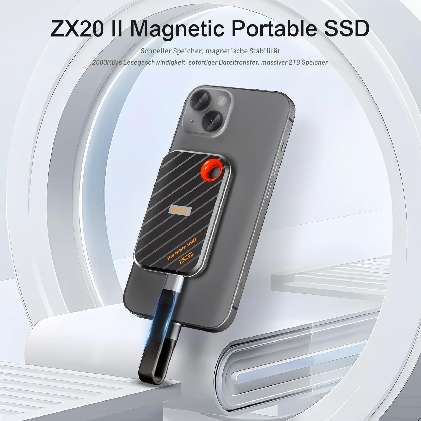 Netac ZX20 II 1TB Portable SSD NVMe Externe Festplatte, USB 3.2-C, Lesegeschwindigkeit bis zu 2000MB/s, Externe Solid State Laufwerke (magnetisches Design, stoß- und fallfest) Bild 3