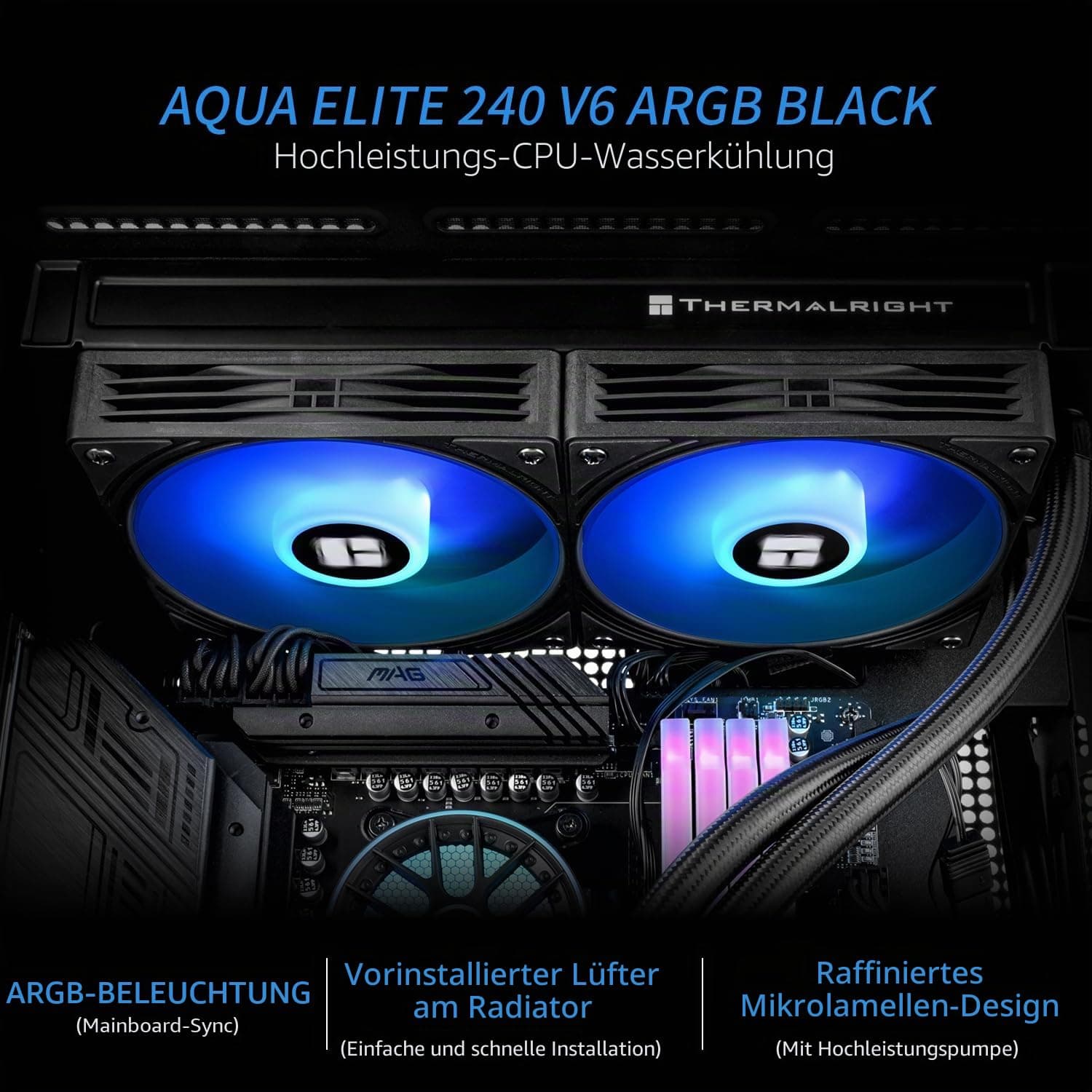 TR-AQUA ELITE 240 V6 ARGB Black AIO CPU Lüfter, ARGB PWM mit 2000RPM, für Intel LGA1150/1151/1155/1156/1200/2011/1700/1851, AMD AM4/AM5, 240 mm Gehäuse AIO O Radiator 240mm 240-black Bild 3