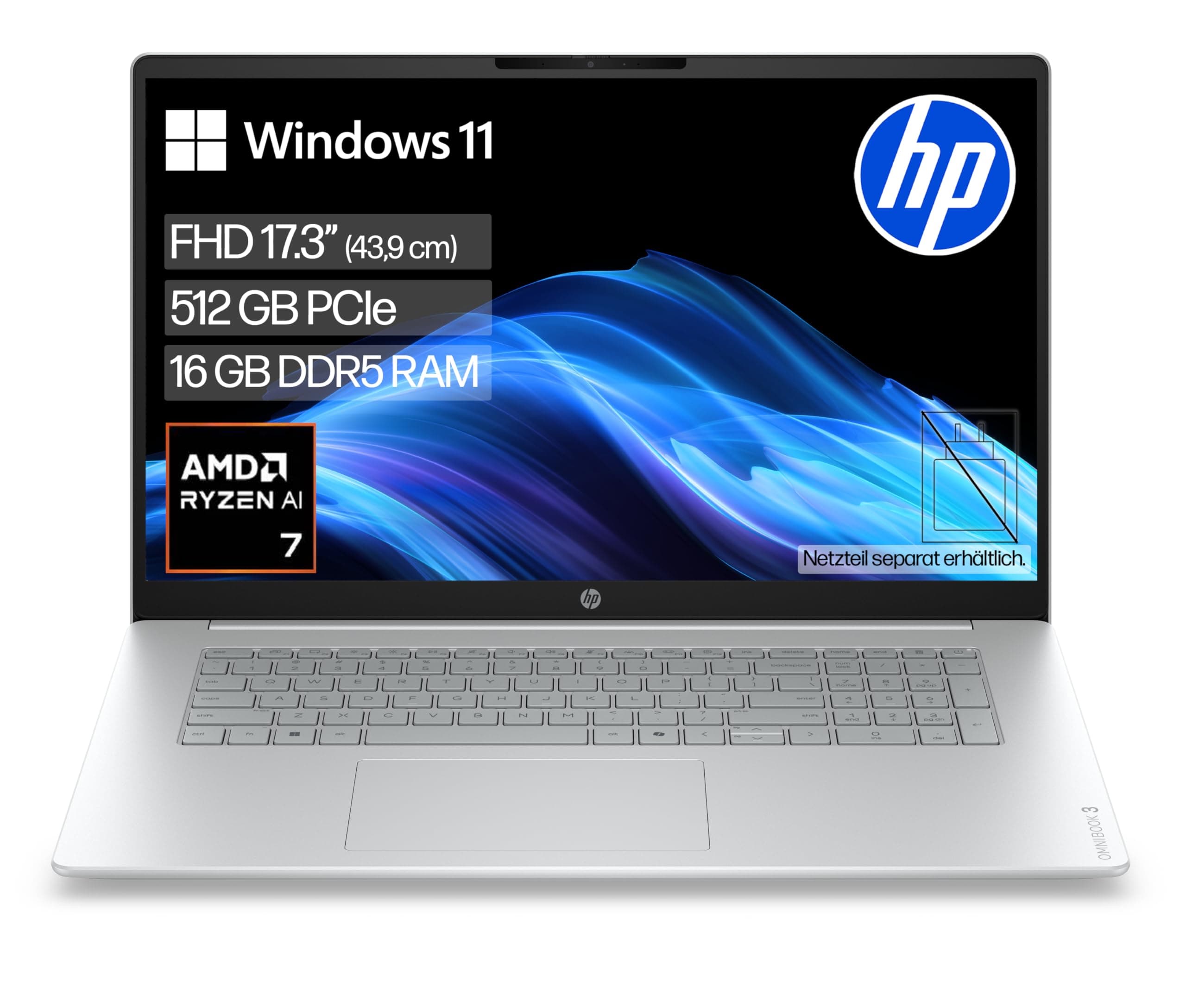 HP OmniBook 3 Laptop (17,3" FHD Display, AMD Ryzen AI 7, Copilot+, 16GB RAM, 512GB, Win11, QWERTZ) - Silber AMD Ryzen AI 7, 16GB RAM, 512GB 17,3 Zoll Silber