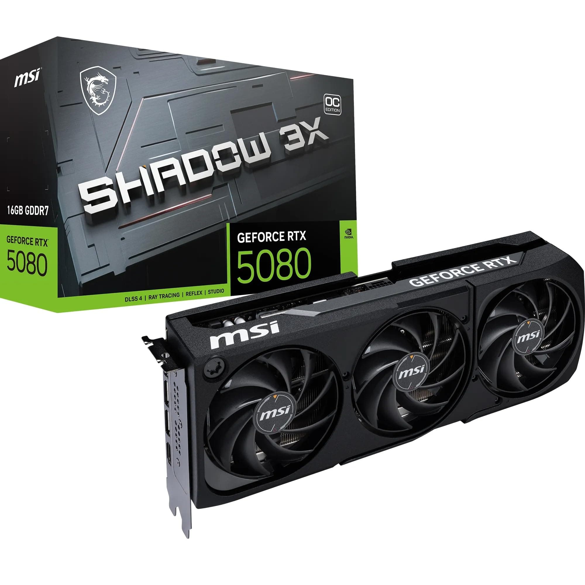 MSI GeForce RTX 5080 16G Shadow 3X OC — 16GB GDDR7 (30Gbps/256-bit), PCIe 5, Boost: 2640 MHz, HDMI 2.1b, DisplayPort 2.1b