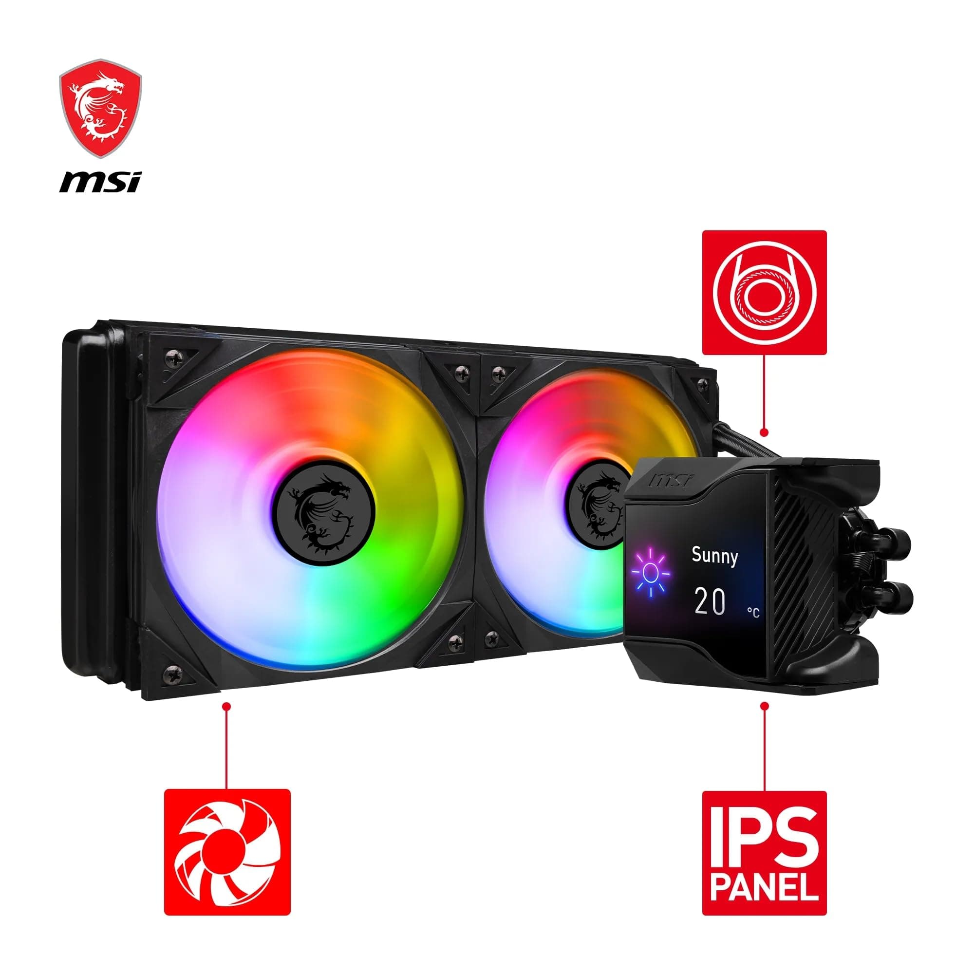 MSI MPG CORELIQUID D240 60-mm-Flüssigkeitskühler-CPU, 2 x 120-mm-ARGB-Lüfter, Verdunstungsschutzschläuche, GI-Kühlung — kompatibel mit AMD- und Intel-Sockeln Bild 4
