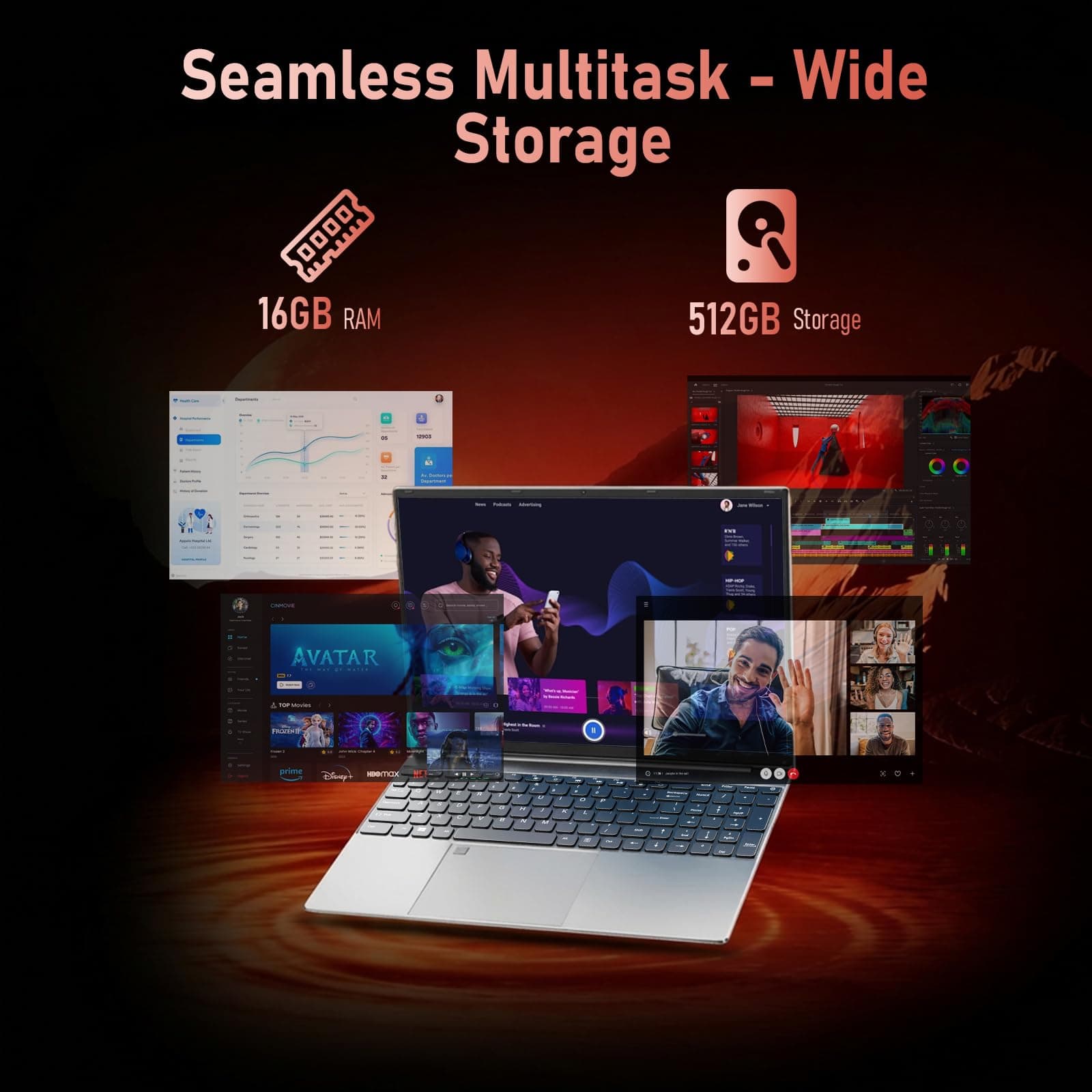 Laptop 16 Zoll, 16GB RAM 512Go SSD Prozessor N95 (bis 3,4 GHz) Große Akkulaufzeit 180° Bildschirm, Notebook Win 11 für Studenten und Arbeit Touch ID WiFi5 BT Bild 3